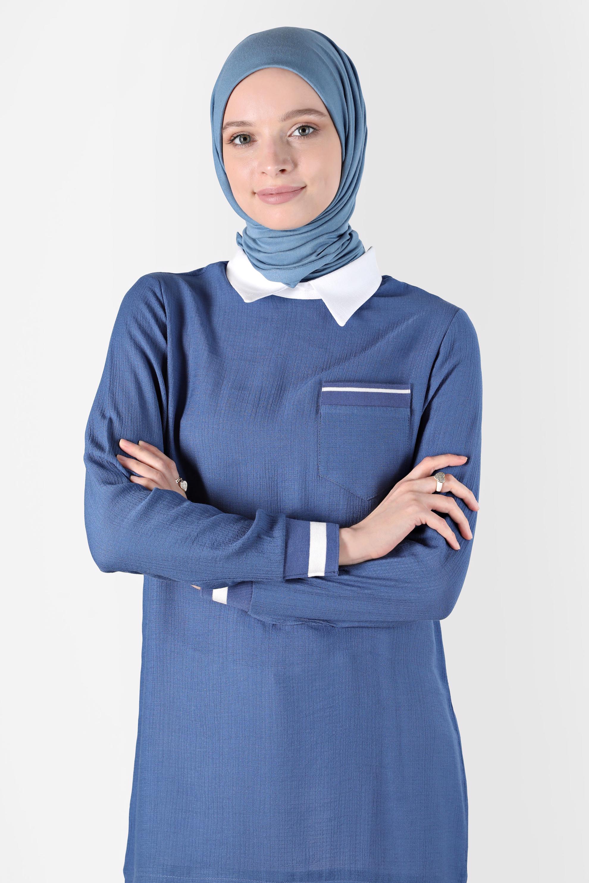 Tesettür giyim LACİVERT GÖMLEK PARÇA DETAYLI CEPLİ TUNİK 42606 