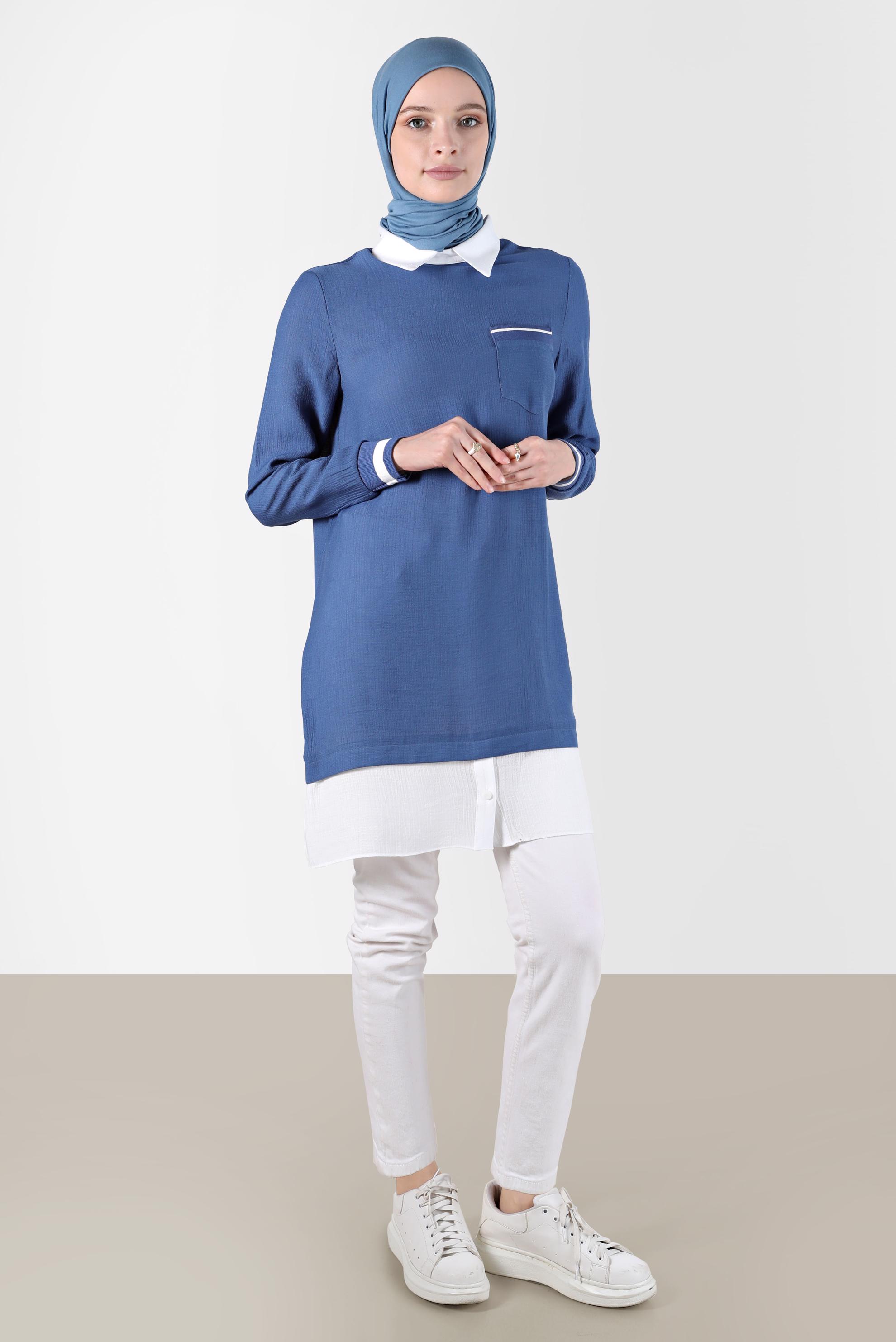 Tesettür giyim LACİVERT GÖMLEK PARÇA DETAYLI CEPLİ TUNİK 42606 