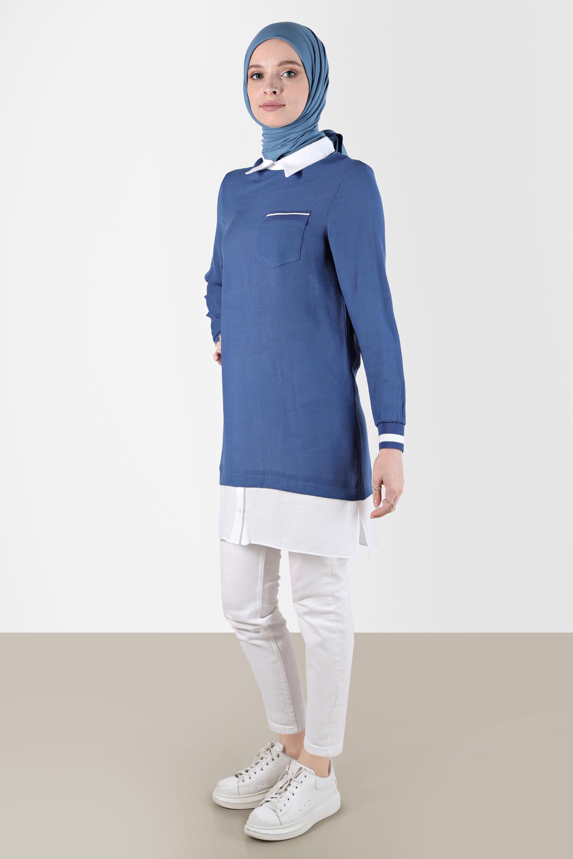 Tesettür giyim LACİVERT GÖMLEK PARÇA DETAYLI CEPLİ TUNİK 42606 