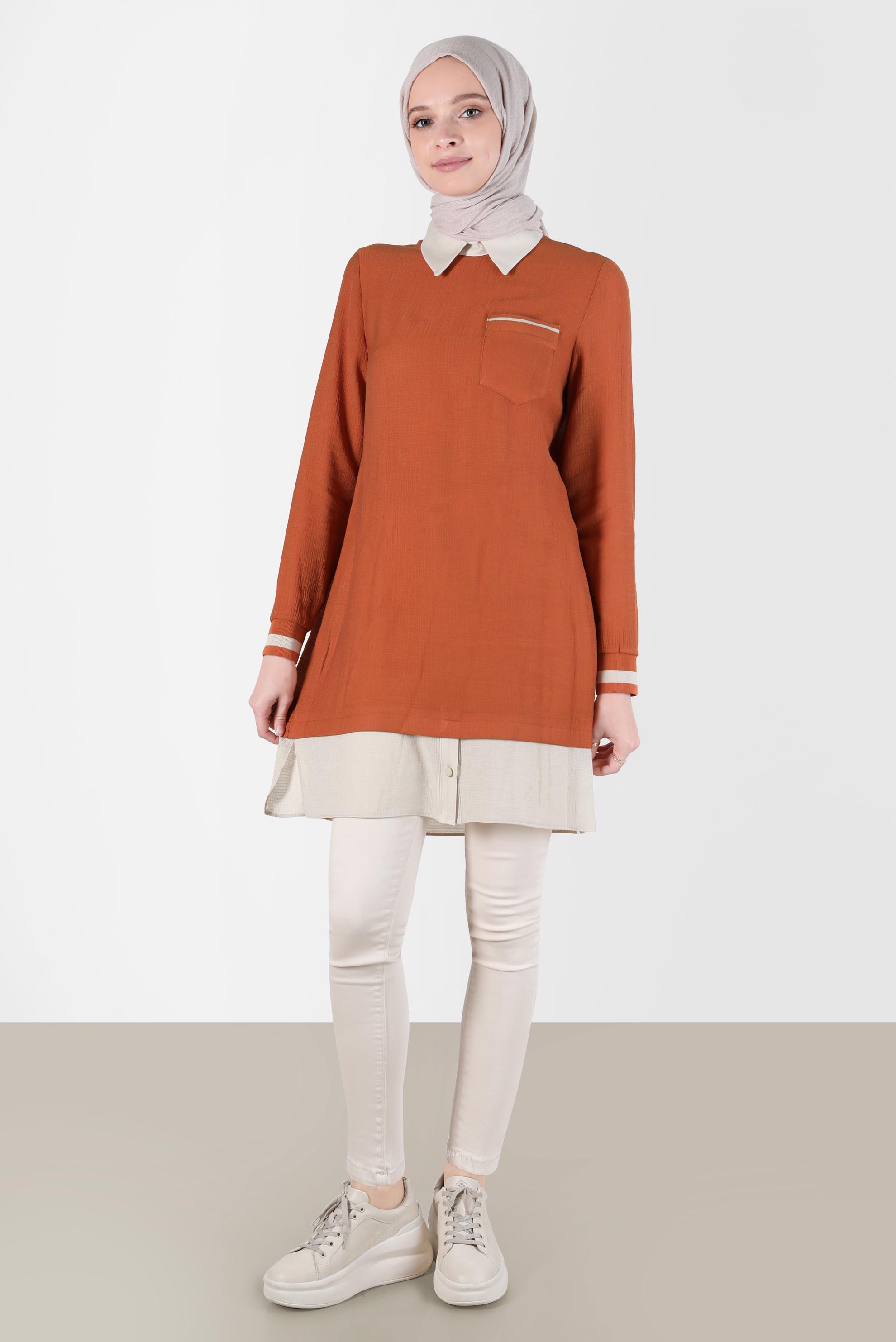Tesettür giyim KAHVE GÖMLEK PARÇA DETAYLI CEPLİ TUNİK 42606 