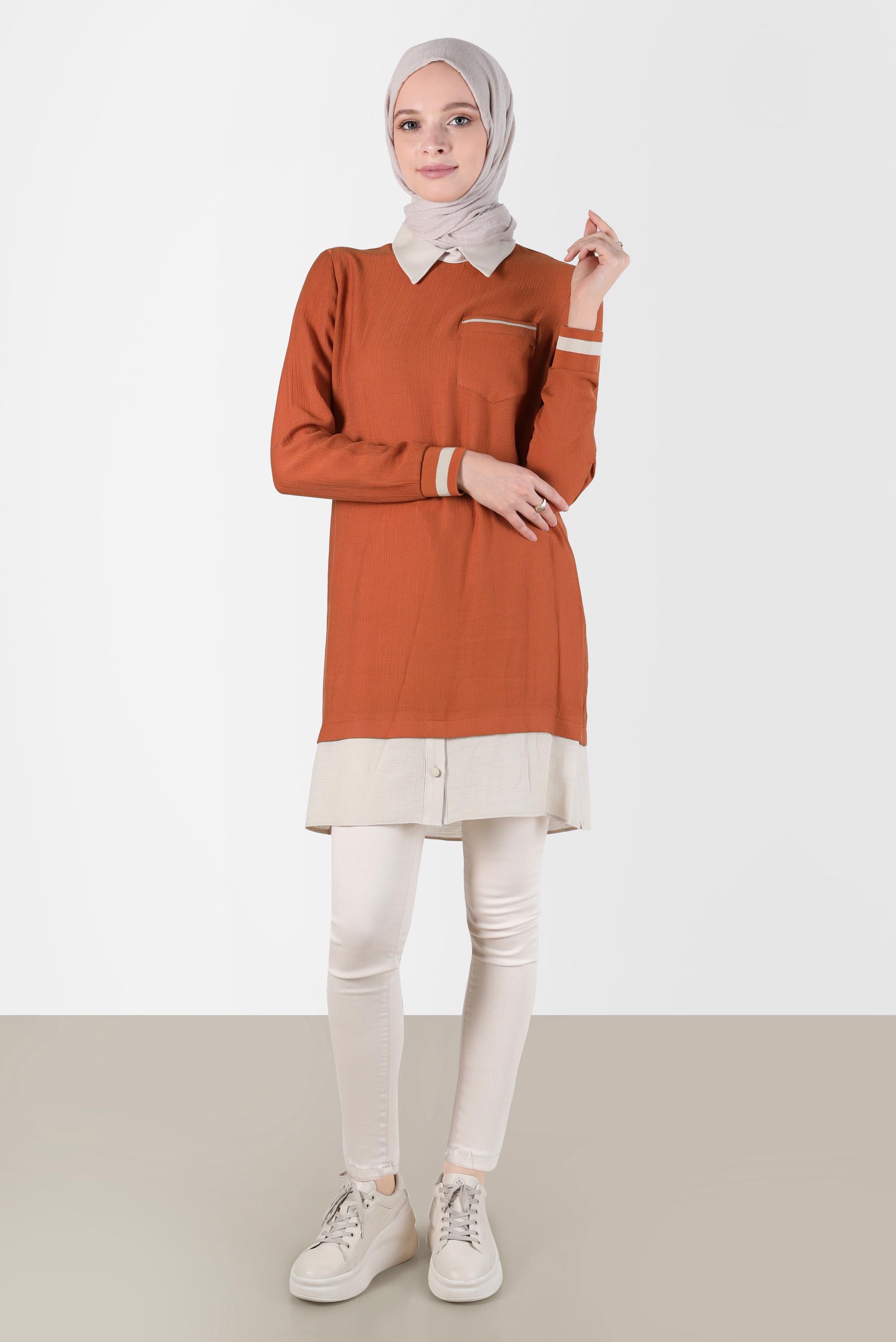 Tesettür giyim KAHVE GÖMLEK PARÇA DETAYLI CEPLİ TUNİK 42606 