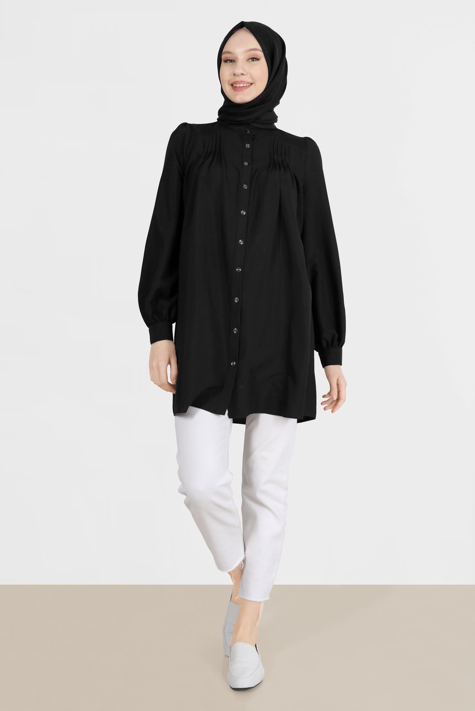 Tesettür giyim SİYAH NERVÜR DETAYLI BOYDAN DÜĞMELİ TUNİK 42616 