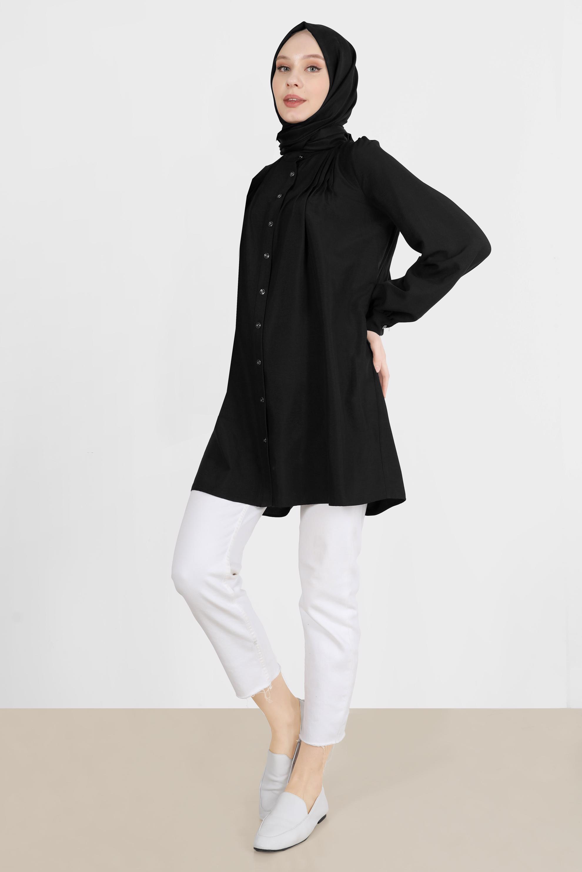 Tesettür giyim SİYAH NERVÜR DETAYLI BOYDAN DÜĞMELİ TUNİK 42616 