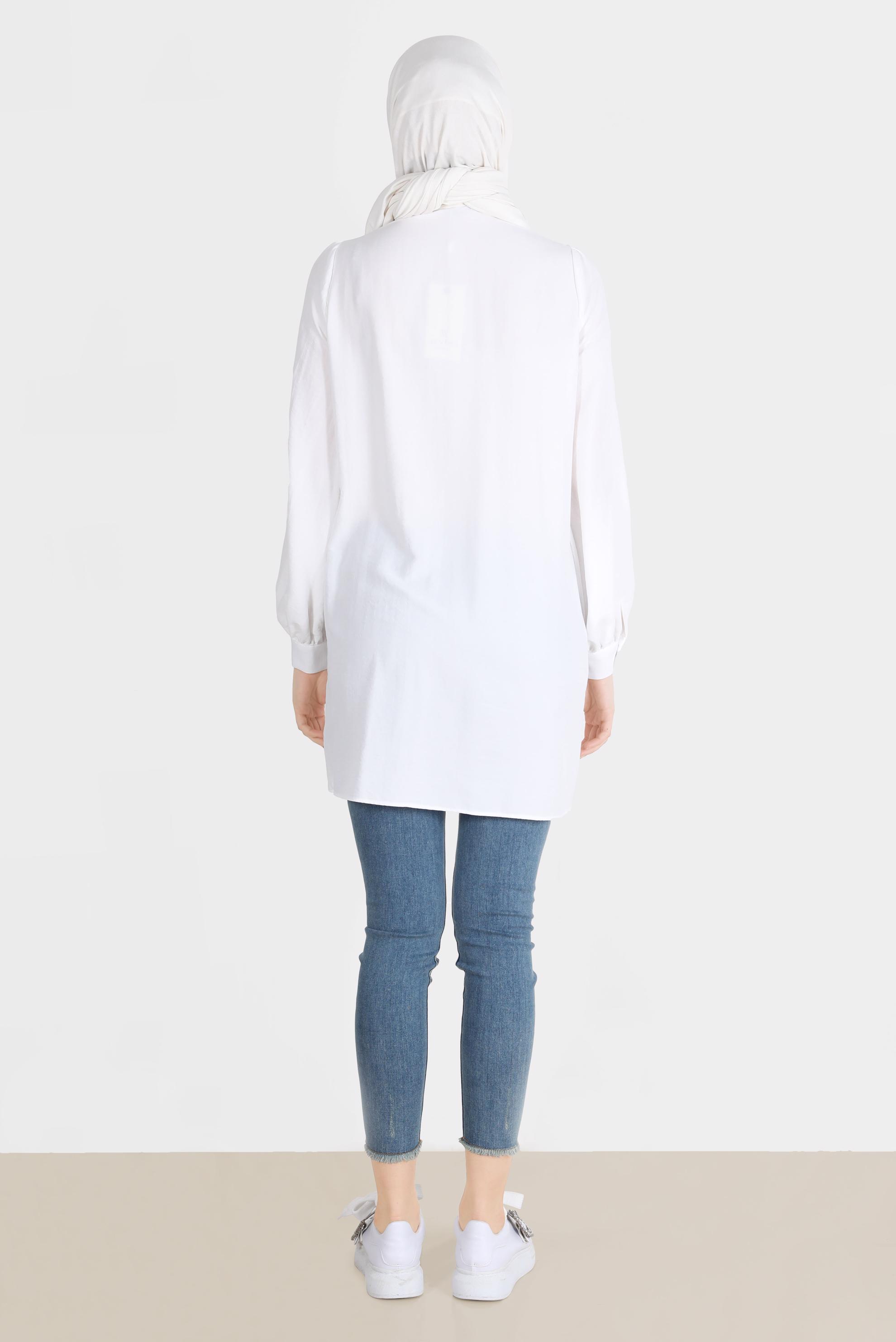 Tesettür giyim BEYAZ NERVÜR DETAYLI BOYDAN DÜĞMELİ TUNİK 42616 