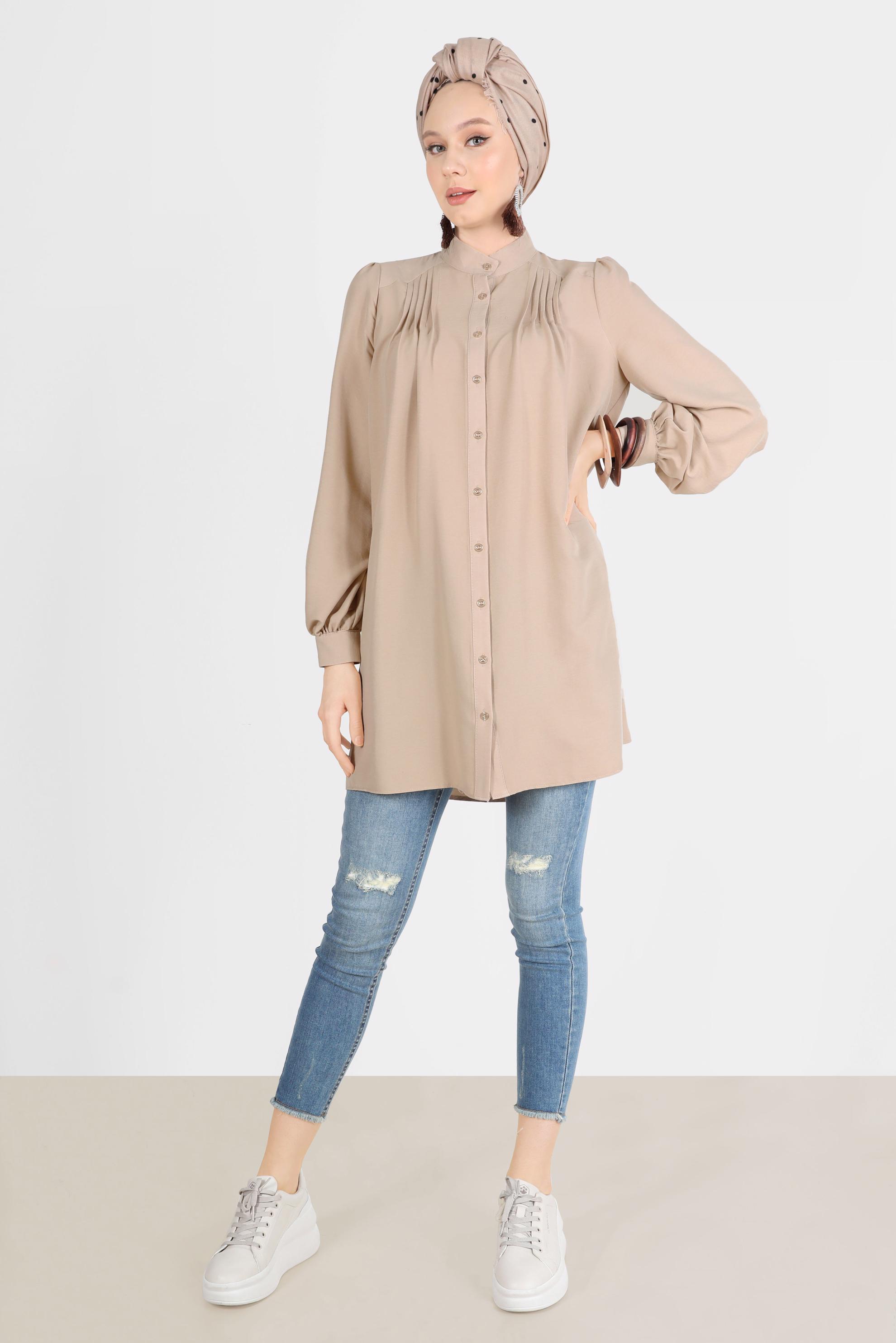 Tesettür giyim BEJ NERVÜR DETAYLI BOYDAN DÜĞMELİ TUNİK 42616 