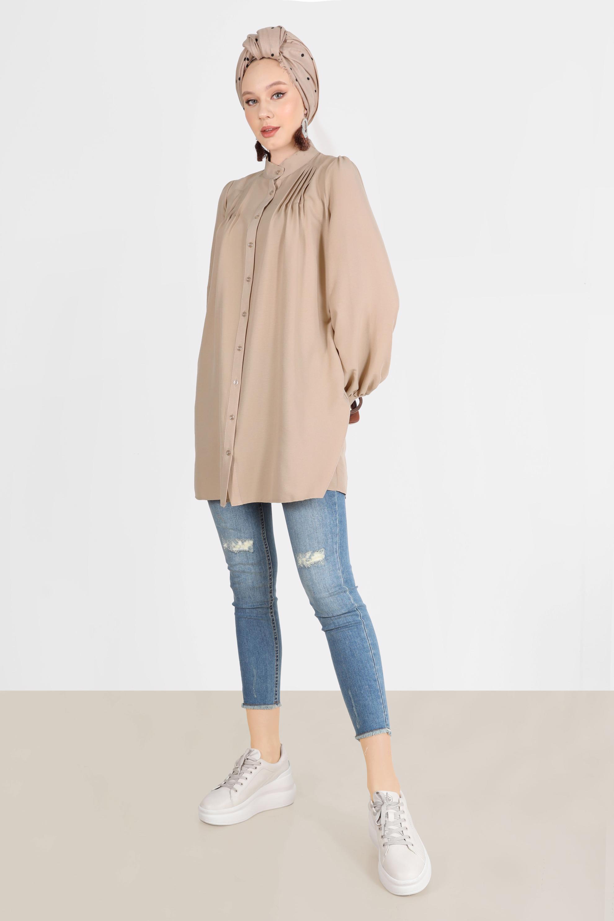 Tesettür giyim BEJ NERVÜR DETAYLI BOYDAN DÜĞMELİ TUNİK 42616 