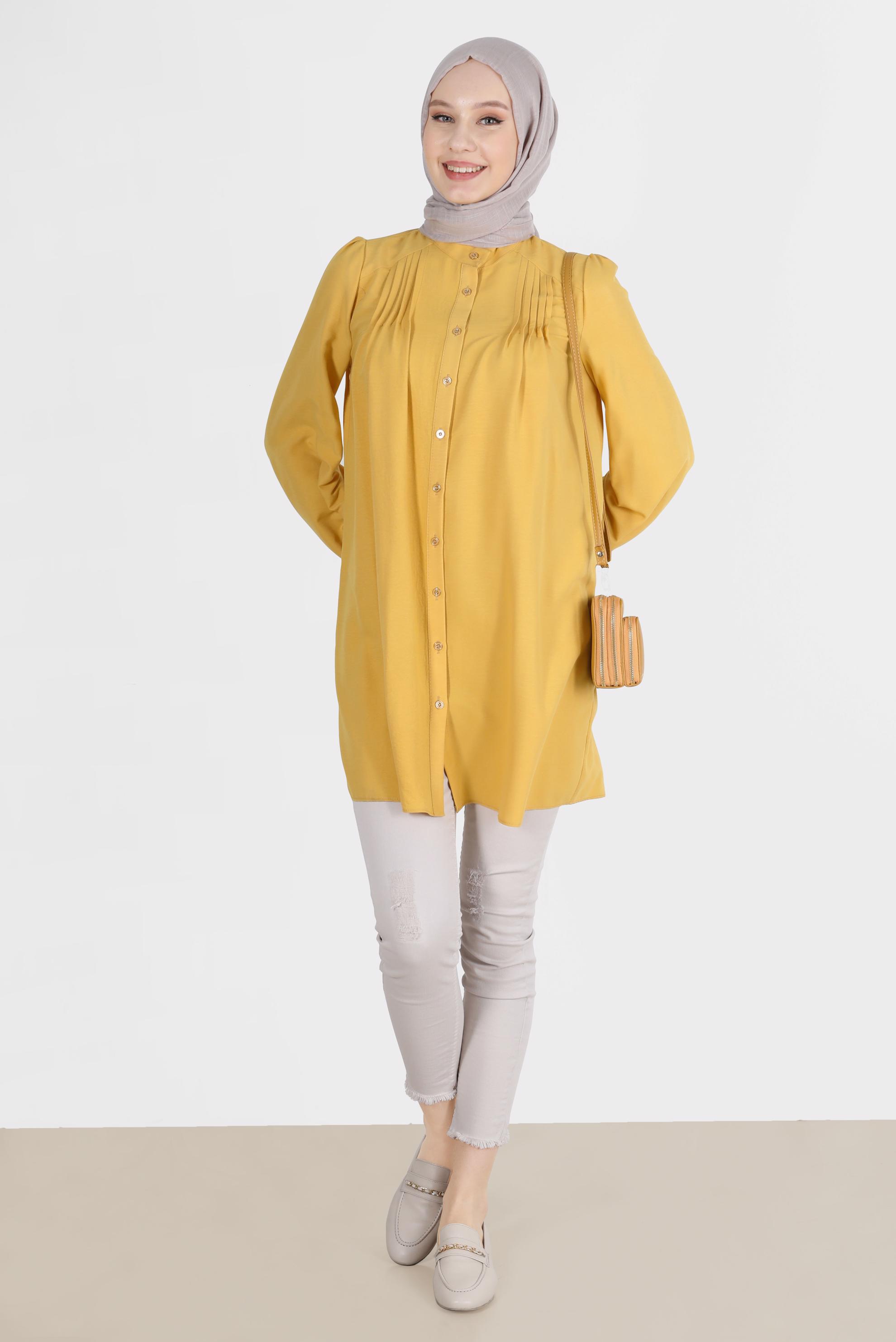 Tesettür giyim SARI NERVÜR DETAYLI BOYDAN DÜĞMELİ TUNİK 42616 