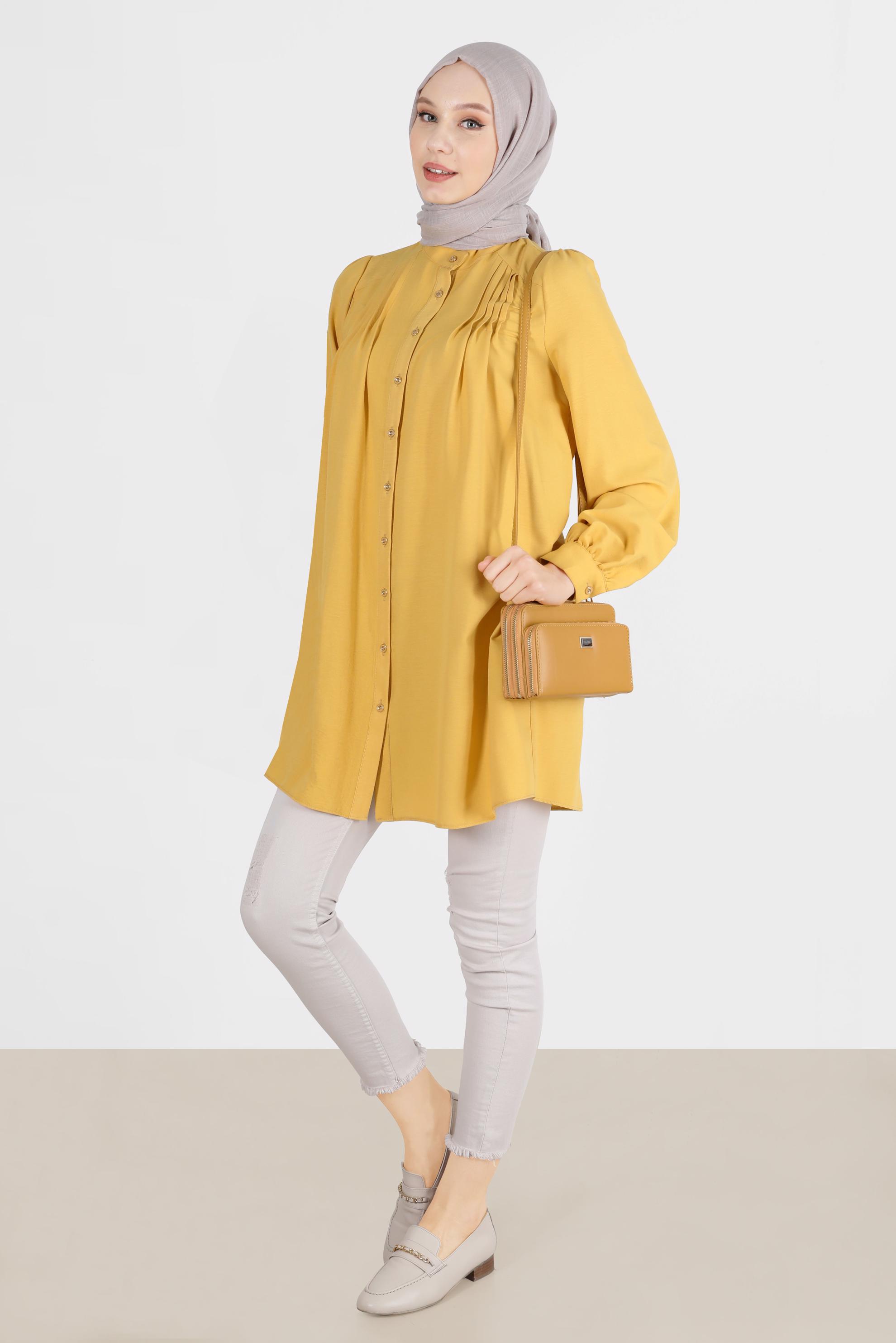 Tesettür giyim SARI NERVÜR DETAYLI BOYDAN DÜĞMELİ TUNİK 42616 