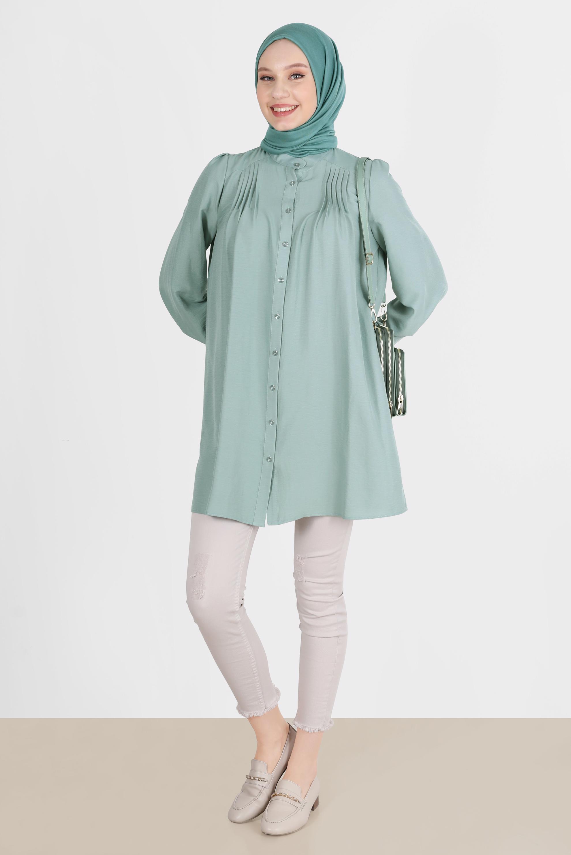 Tesettür giyim MAVİ NERVÜR DETAYLI BOYDAN DÜĞMELİ TUNİK 42616 