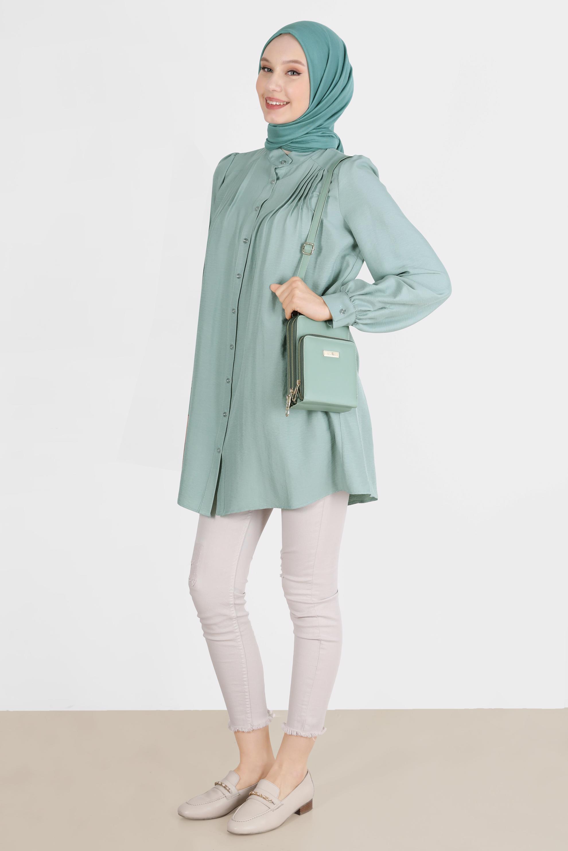 Tesettür giyim MAVİ NERVÜR DETAYLI BOYDAN DÜĞMELİ TUNİK 42616 