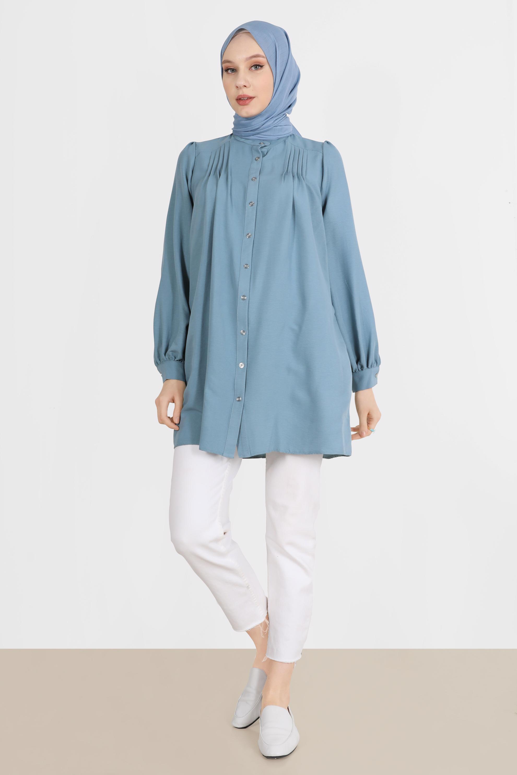 Tesettür giyim MAVİ NERVÜR DETAYLI BOYDAN DÜĞMELİ TUNİK 42616 