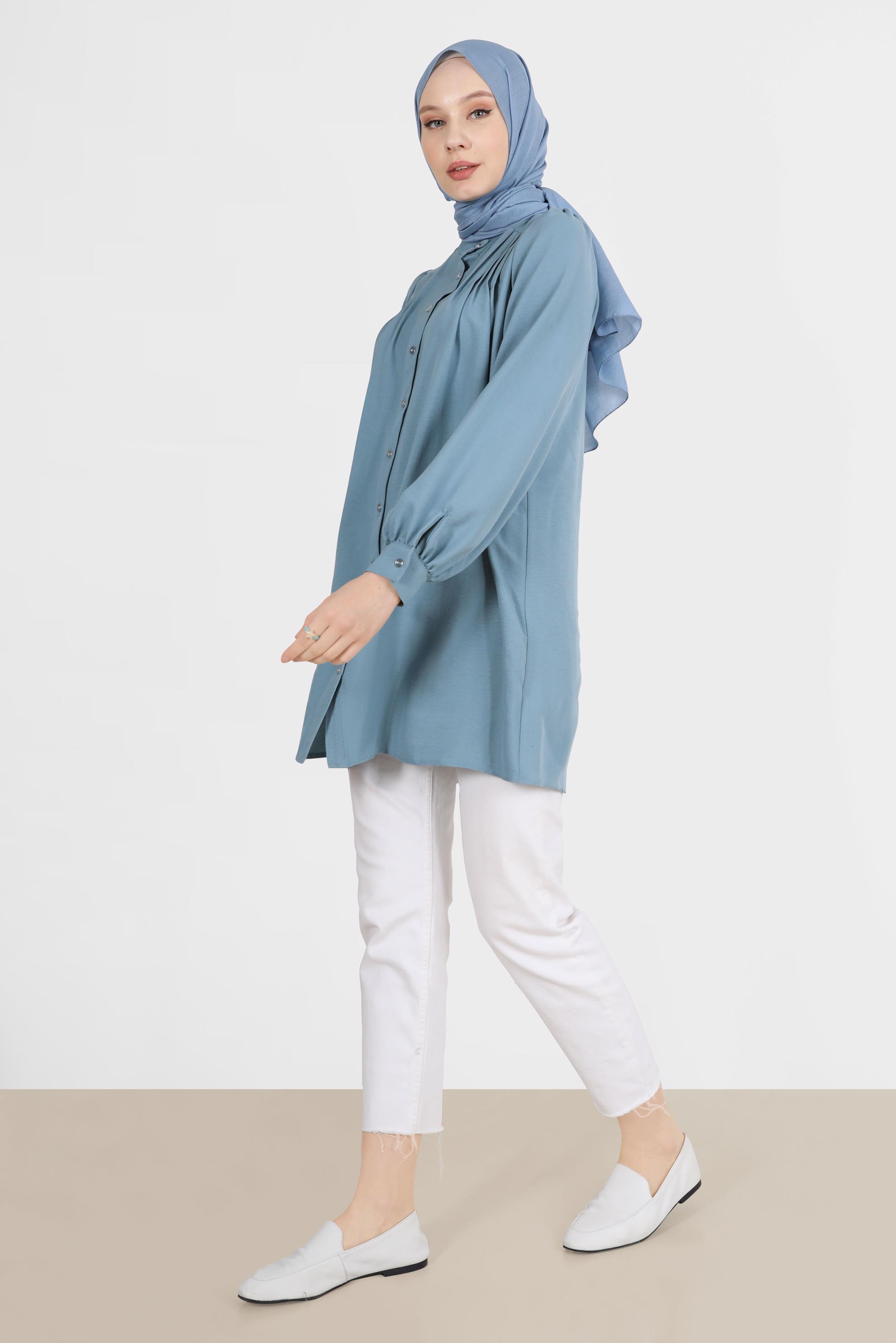 Tesettür giyim MAVİ NERVÜR DETAYLI BOYDAN DÜĞMELİ TUNİK 42616 