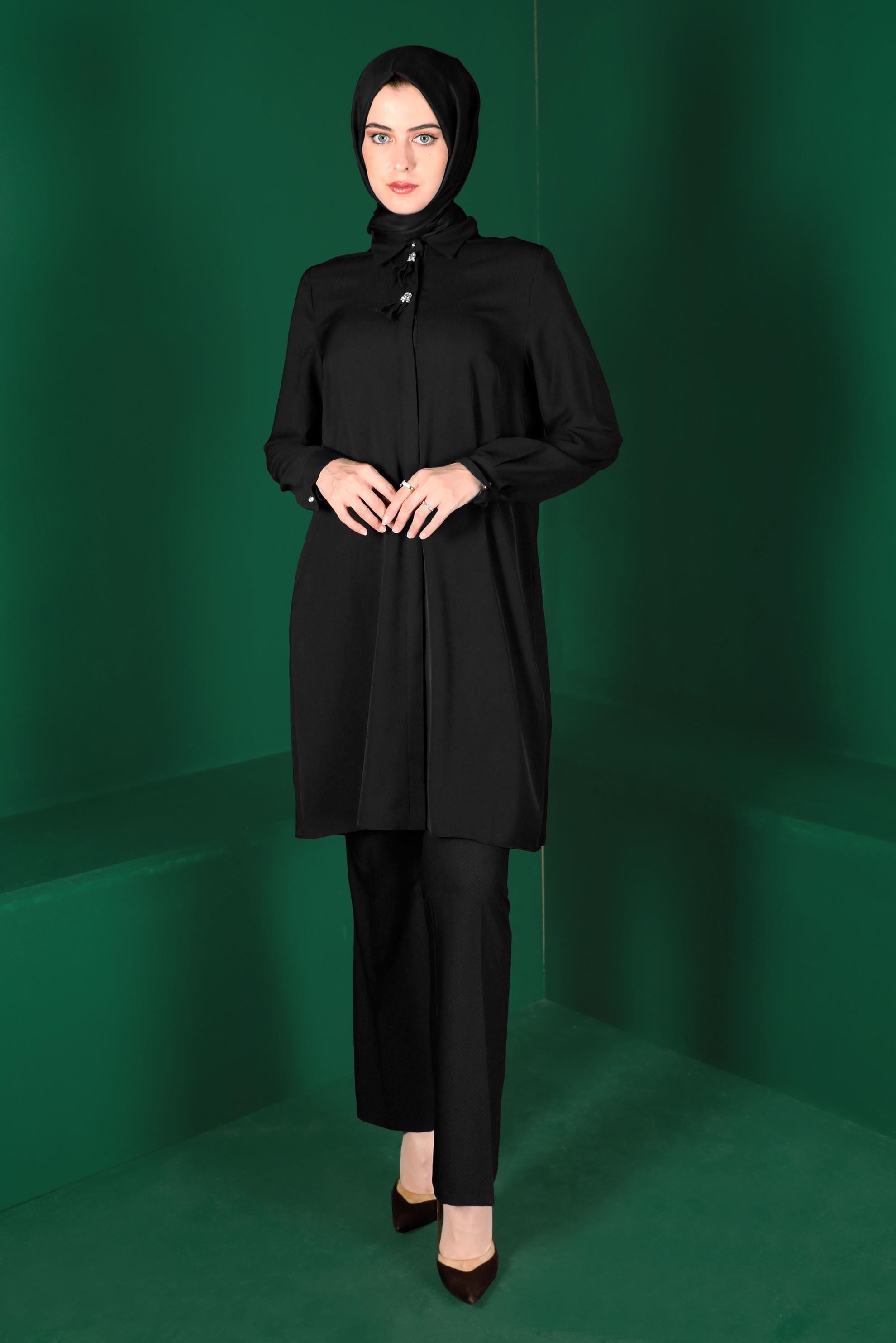 Tesettür giyim SİYAH TAŞLI PİLE DETAYLI TUNİK 42618 