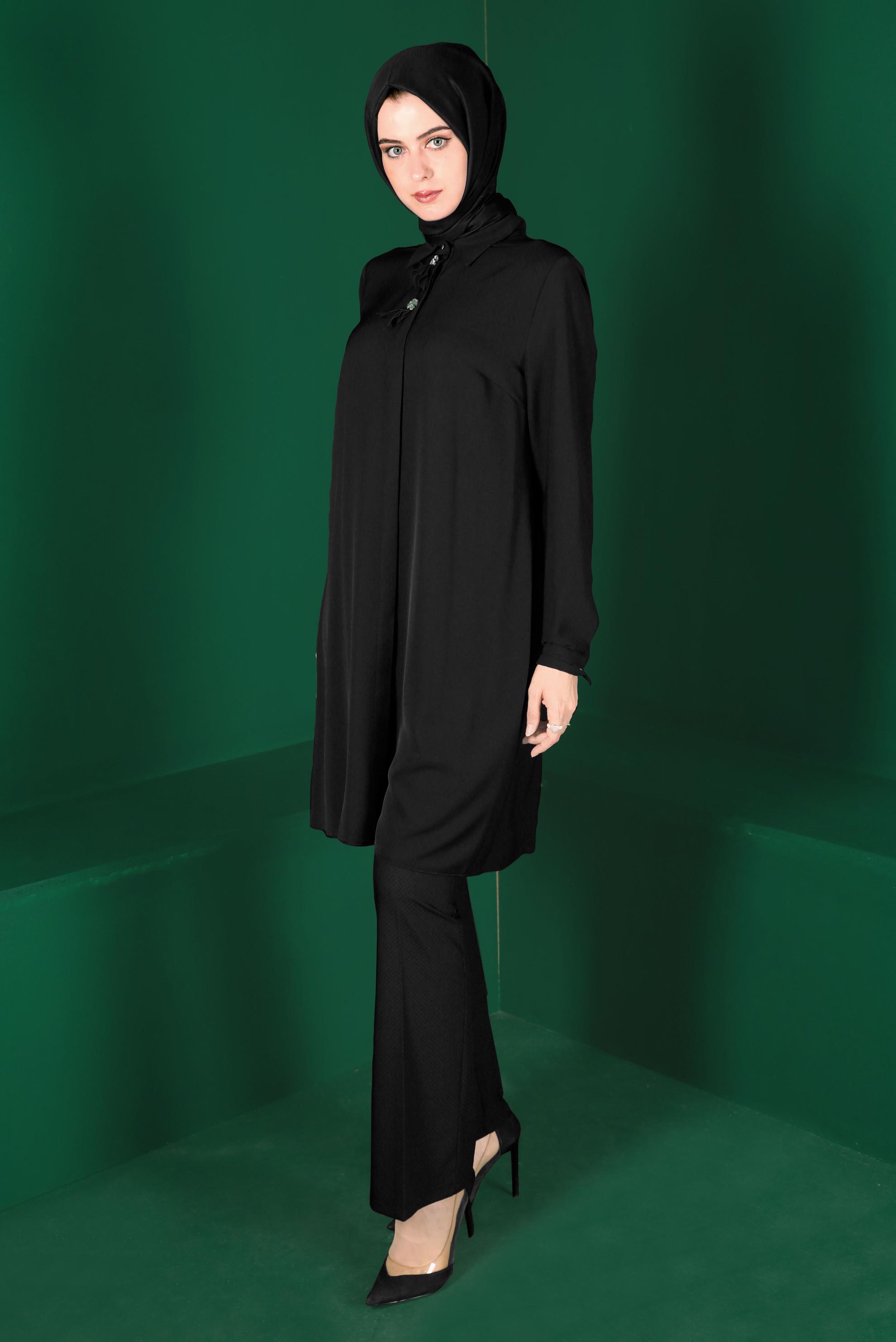 Tesettür giyim SİYAH TAŞLI PİLE DETAYLI TUNİK 42618 