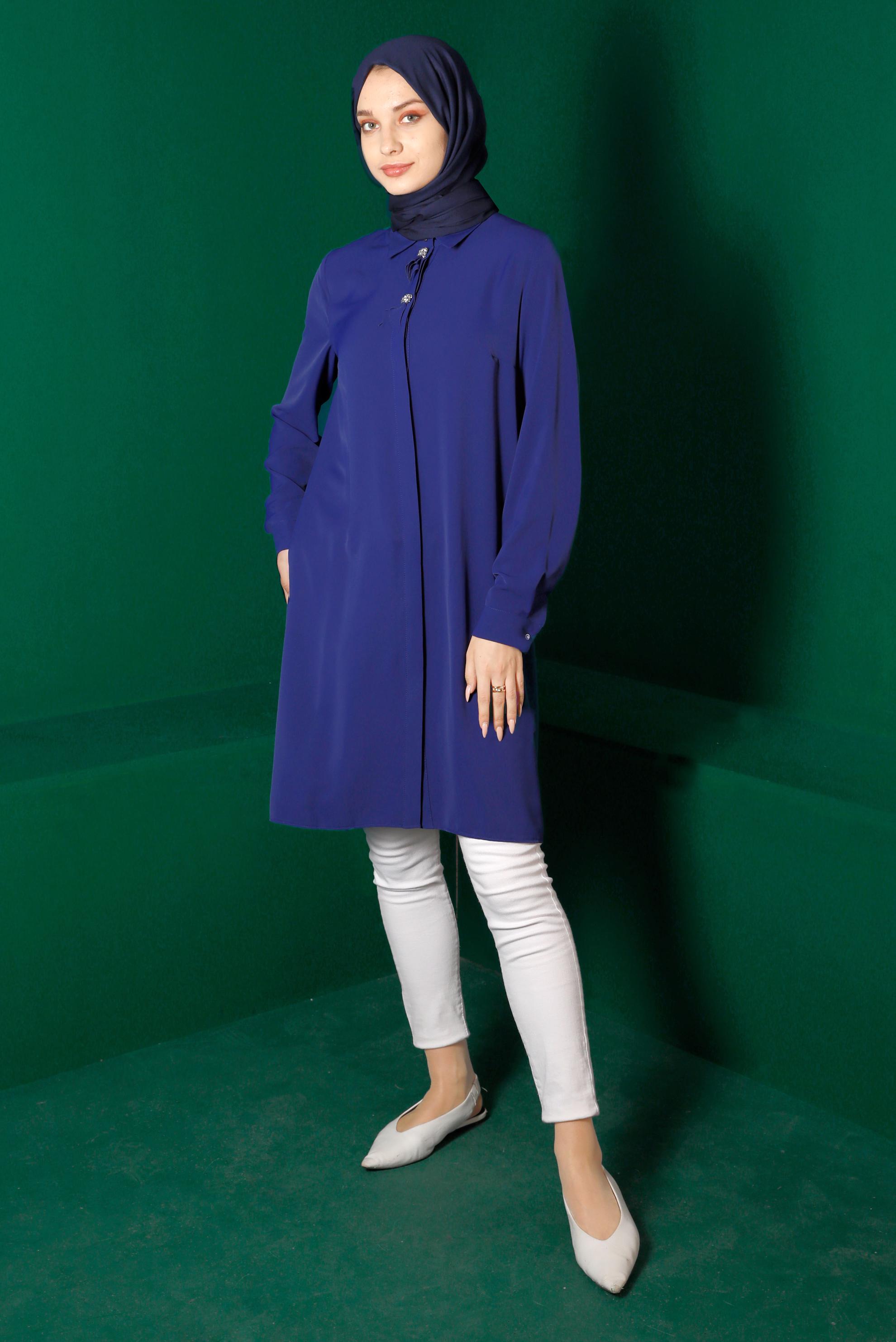 Hijab clothing NAVY BLUE GEM DETAIL PLEATED TUNIC 42618 