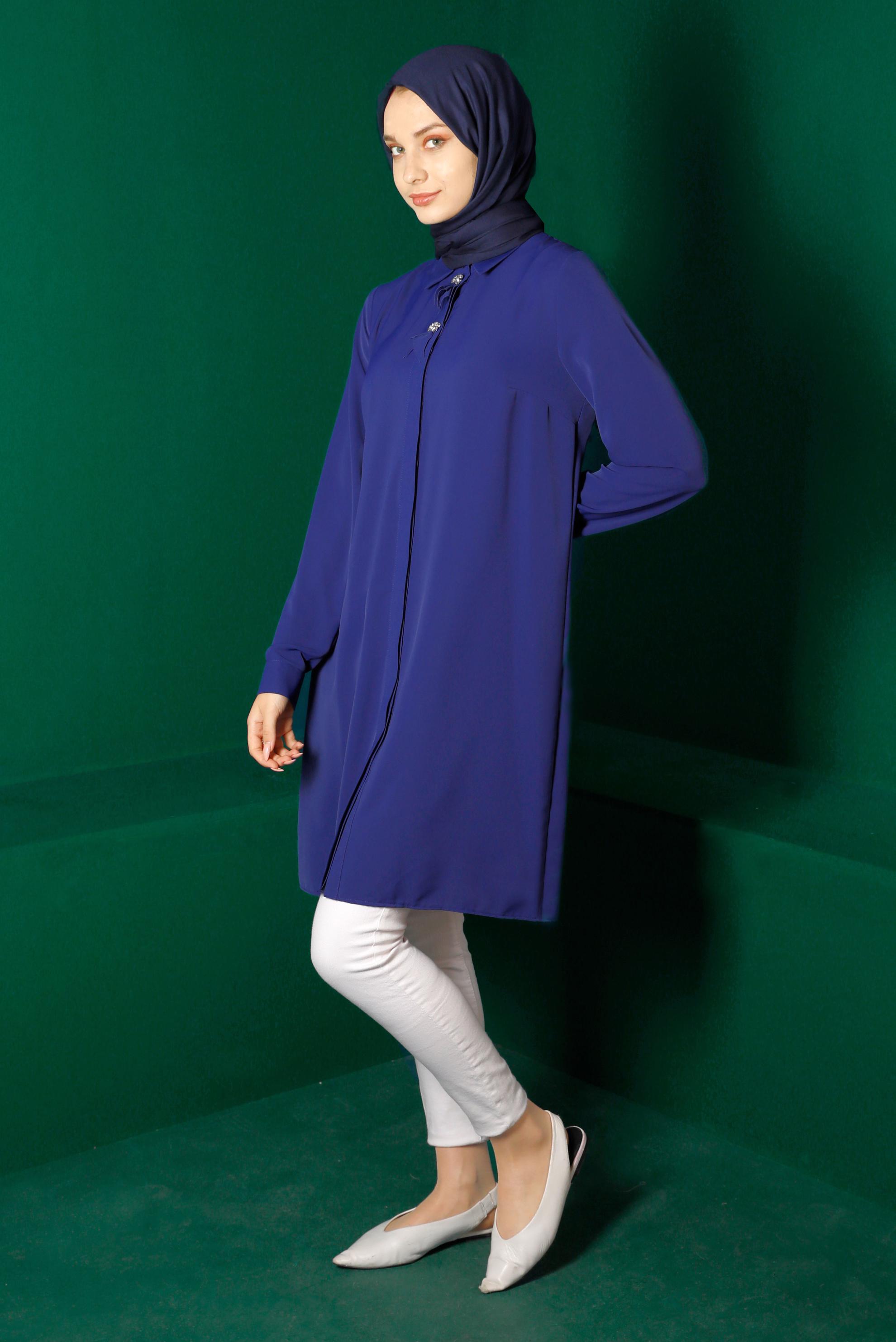 Hijab clothing NAVY BLUE GEM DETAIL PLEATED TUNIC 42618 