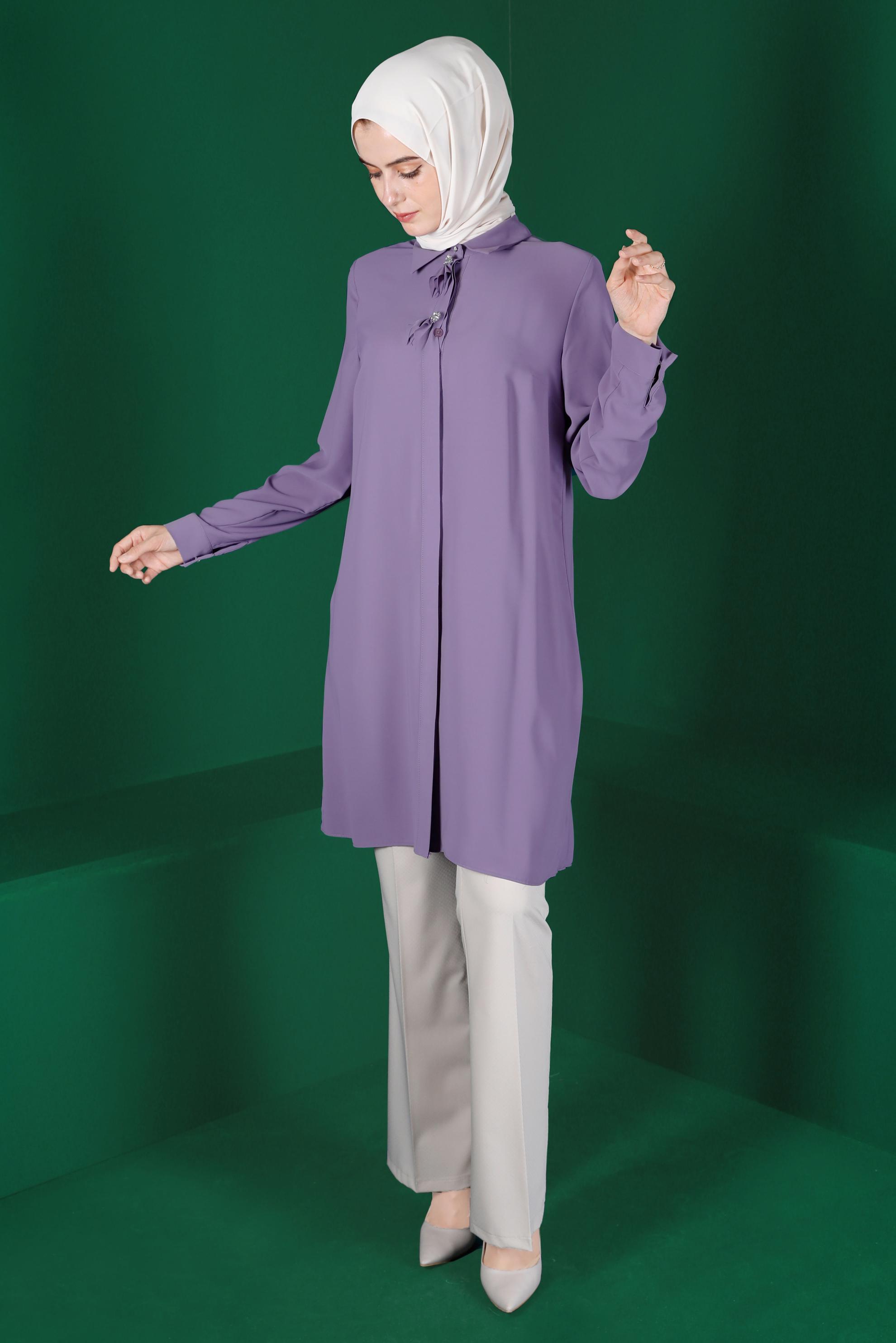 Tesettür giyim MOR TAŞLI PİLE DETAYLI TUNİK 42618 