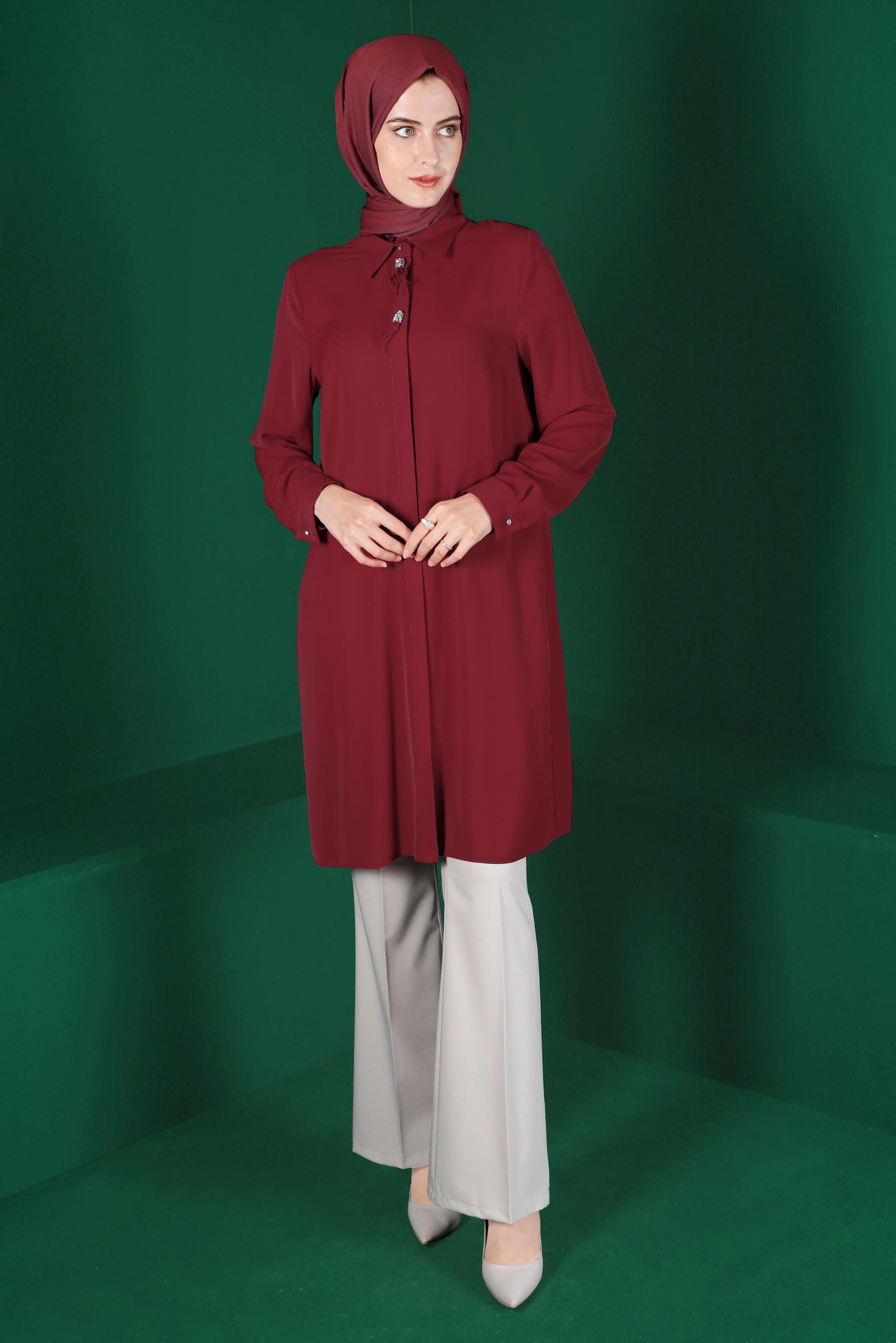Hijab clothing CLARET RED GEM DETAIL PLEATED TUNIC 42618 