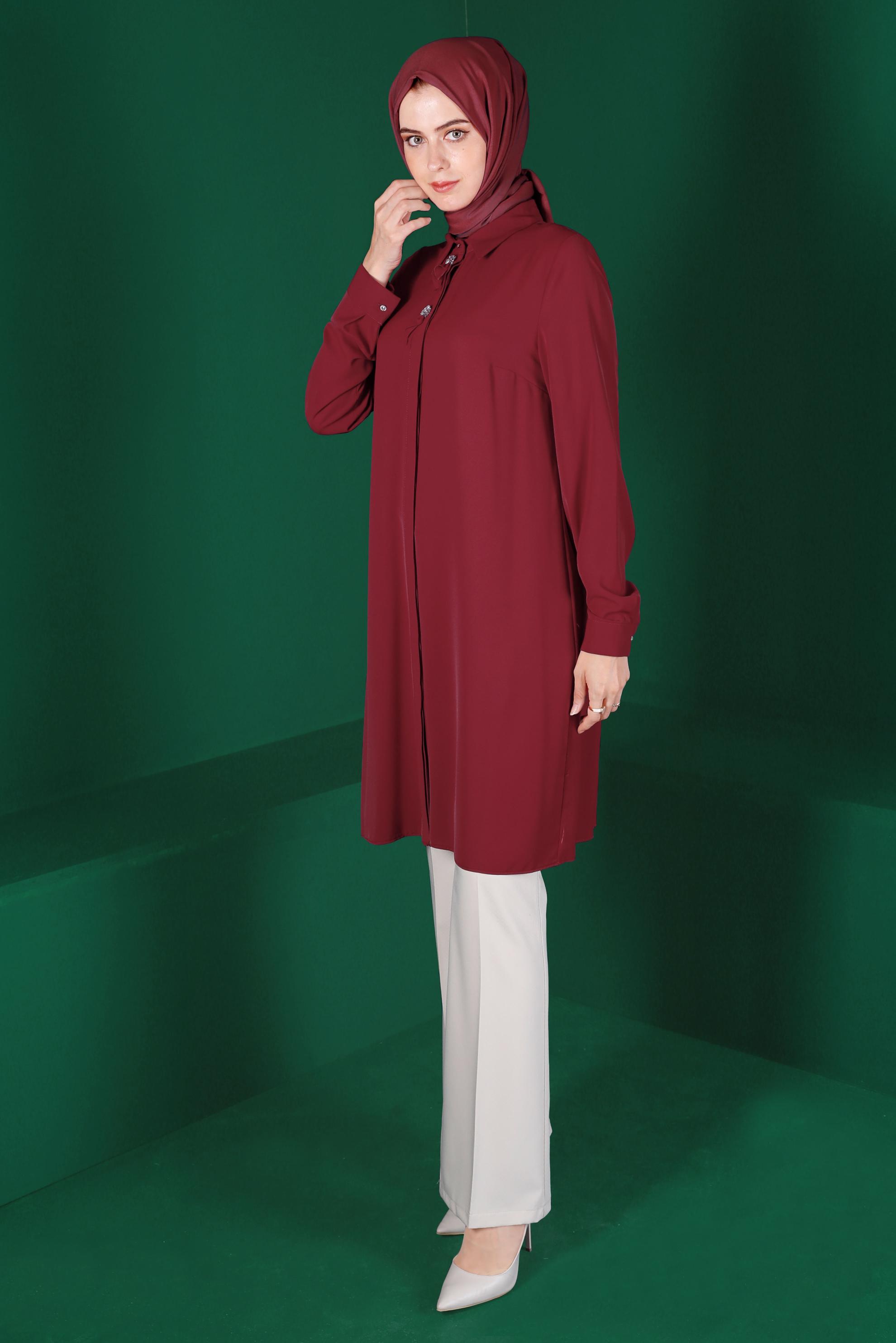 Hijab clothing CLARET RED GEM DETAIL PLEATED TUNIC 42618 