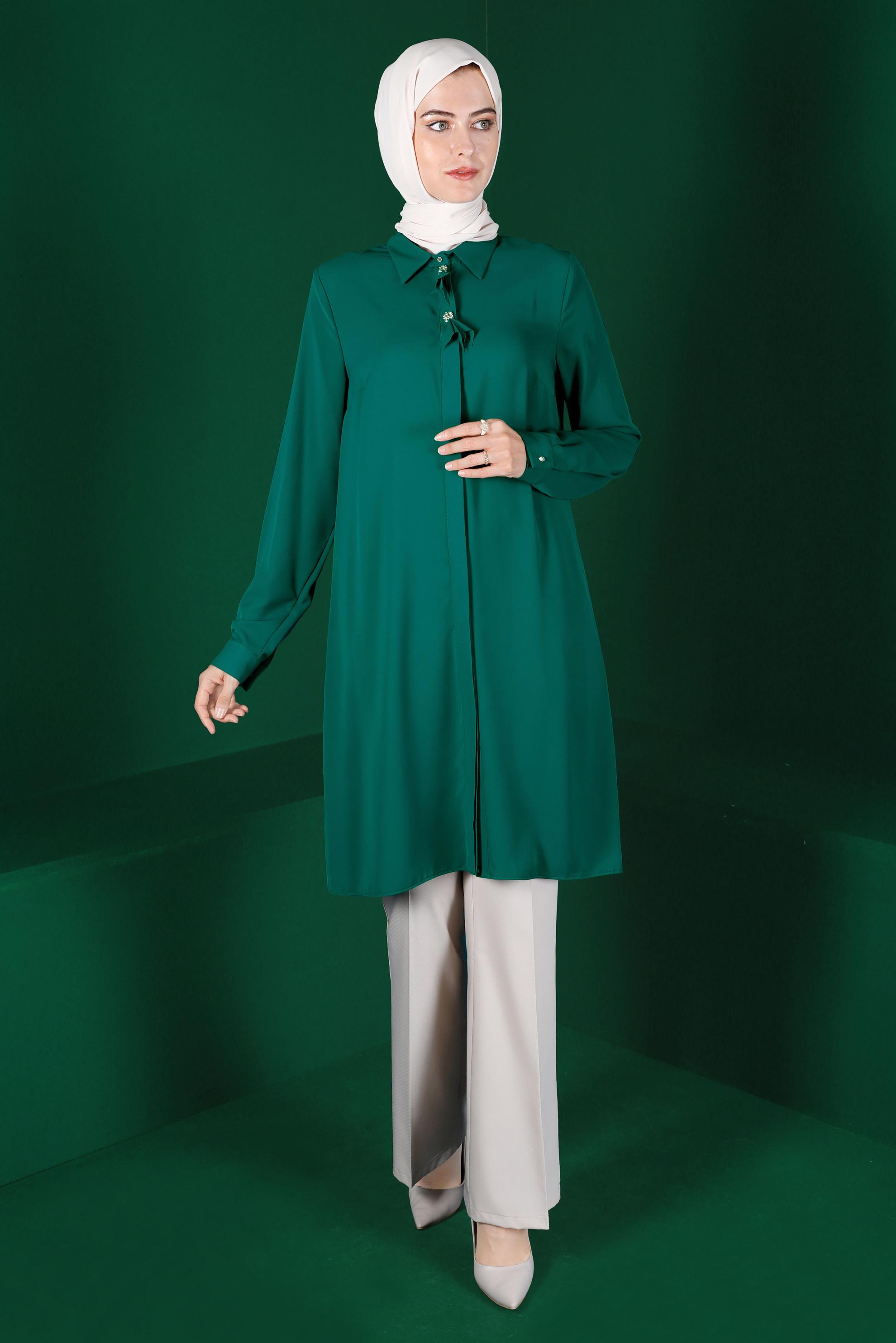 Hijab clothing GREEN GEM DETAIL PLEATED TUNIC 42618 