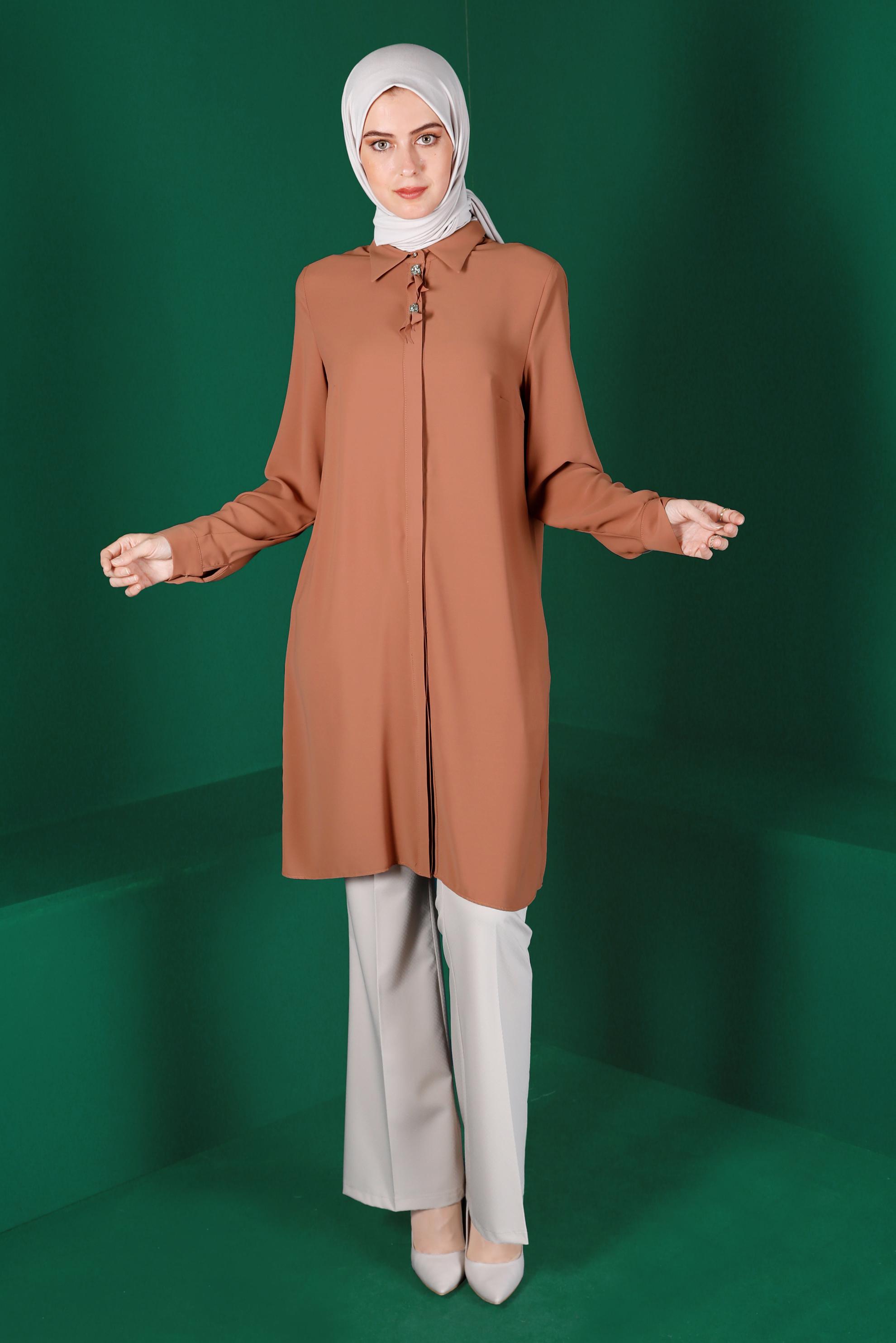 Tesettür giyim KAHVE TAŞLI PİLE DETAYLI TUNİK 42618 