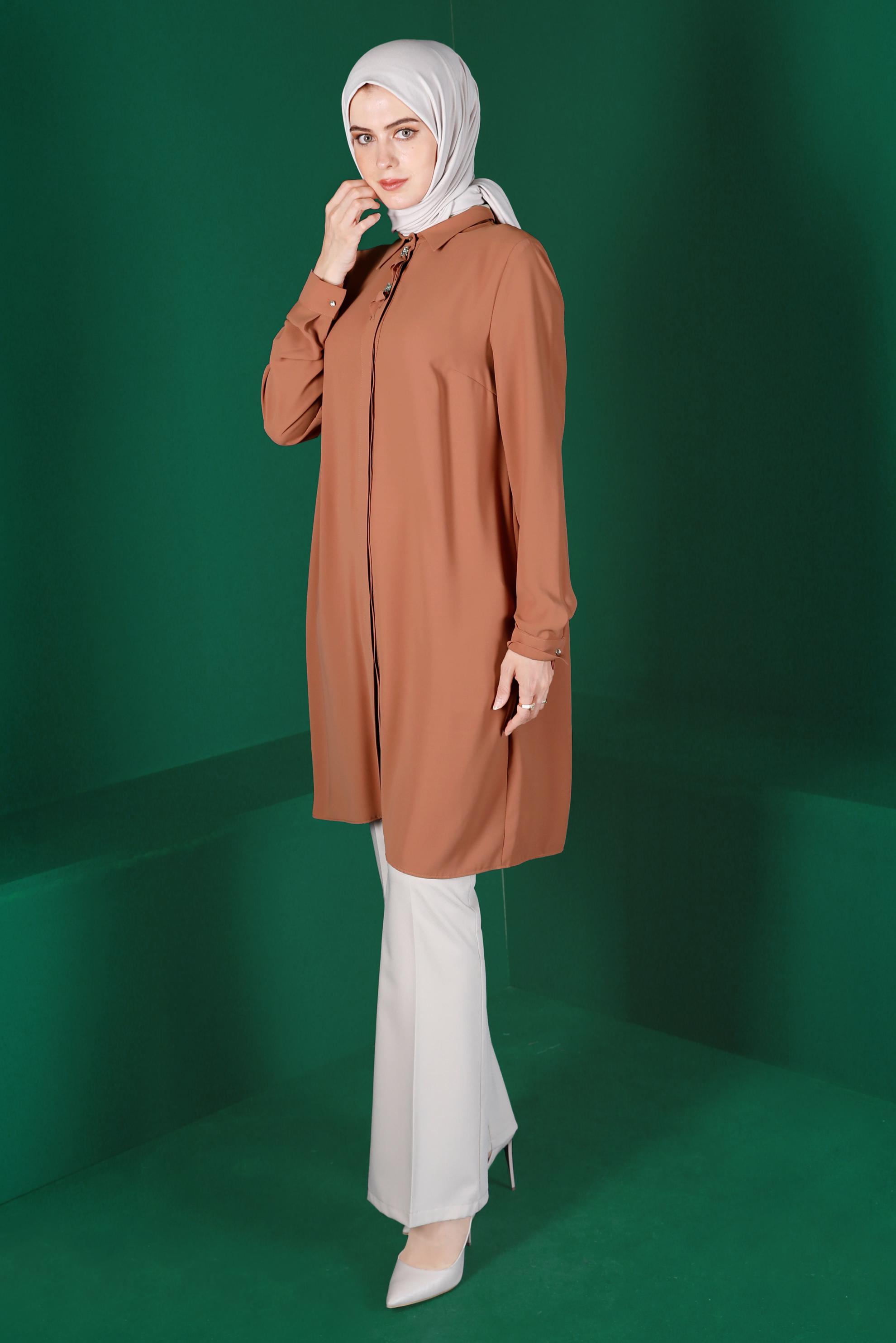 Tesettür giyim KAHVE TAŞLI PİLE DETAYLI TUNİK 42618 