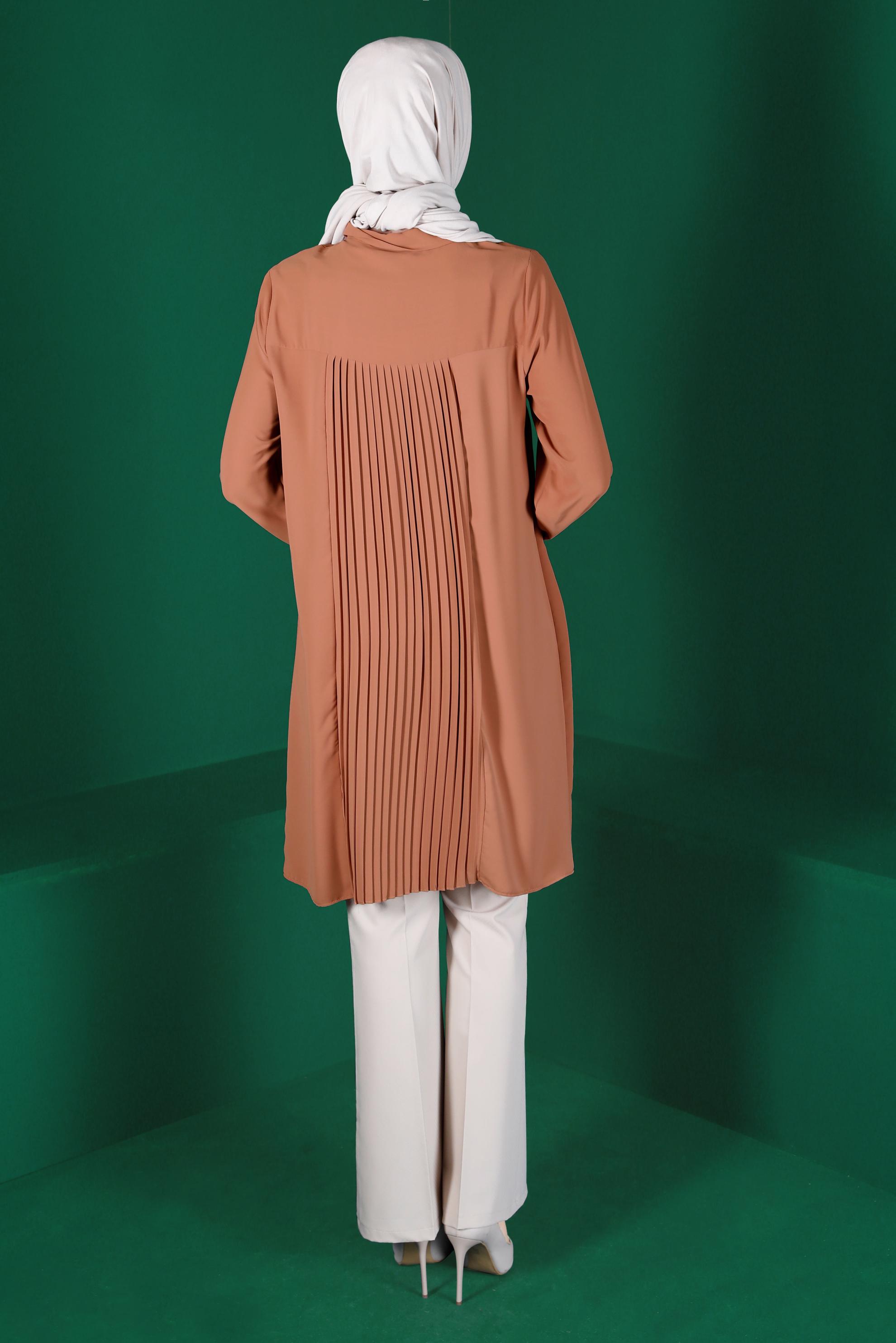 Tesettür giyim KAHVE TAŞLI PİLE DETAYLI TUNİK 42618 