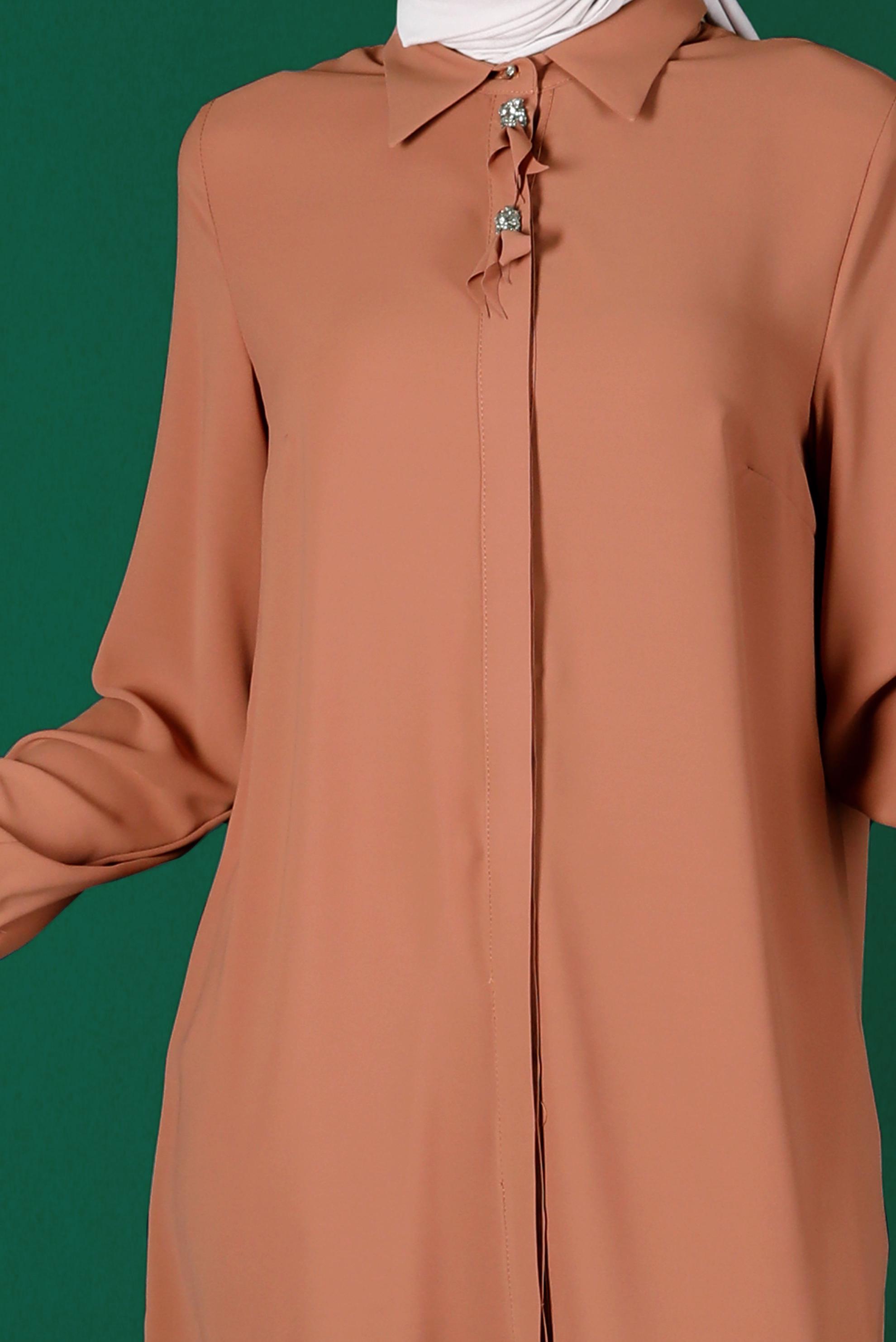 Tesettür giyim KAHVE TAŞLI PİLE DETAYLI TUNİK 42618 