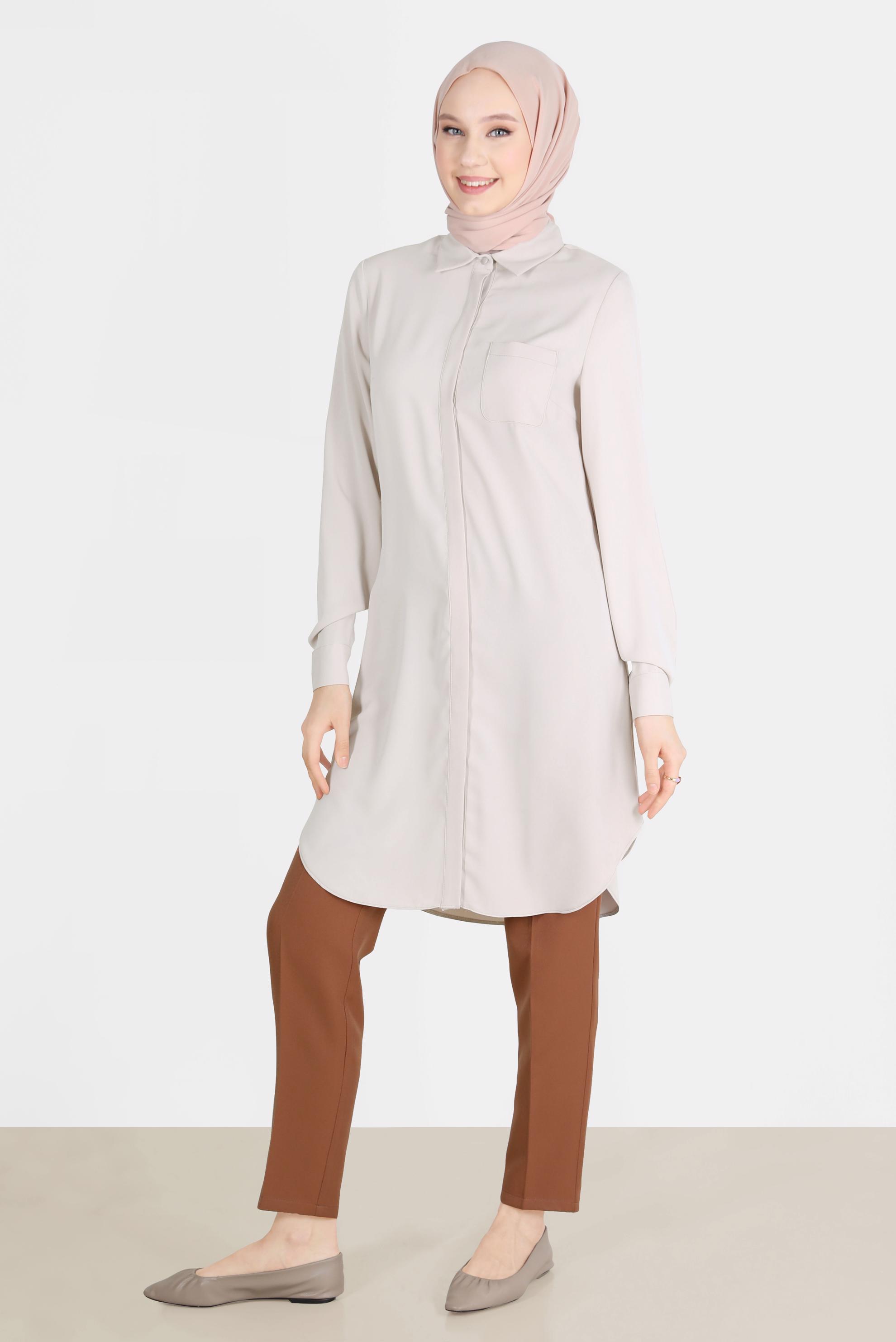 Tesettür giyim BEYAZ GİZLİ DÜĞMELİ CEPLİ TUNİK 42629 