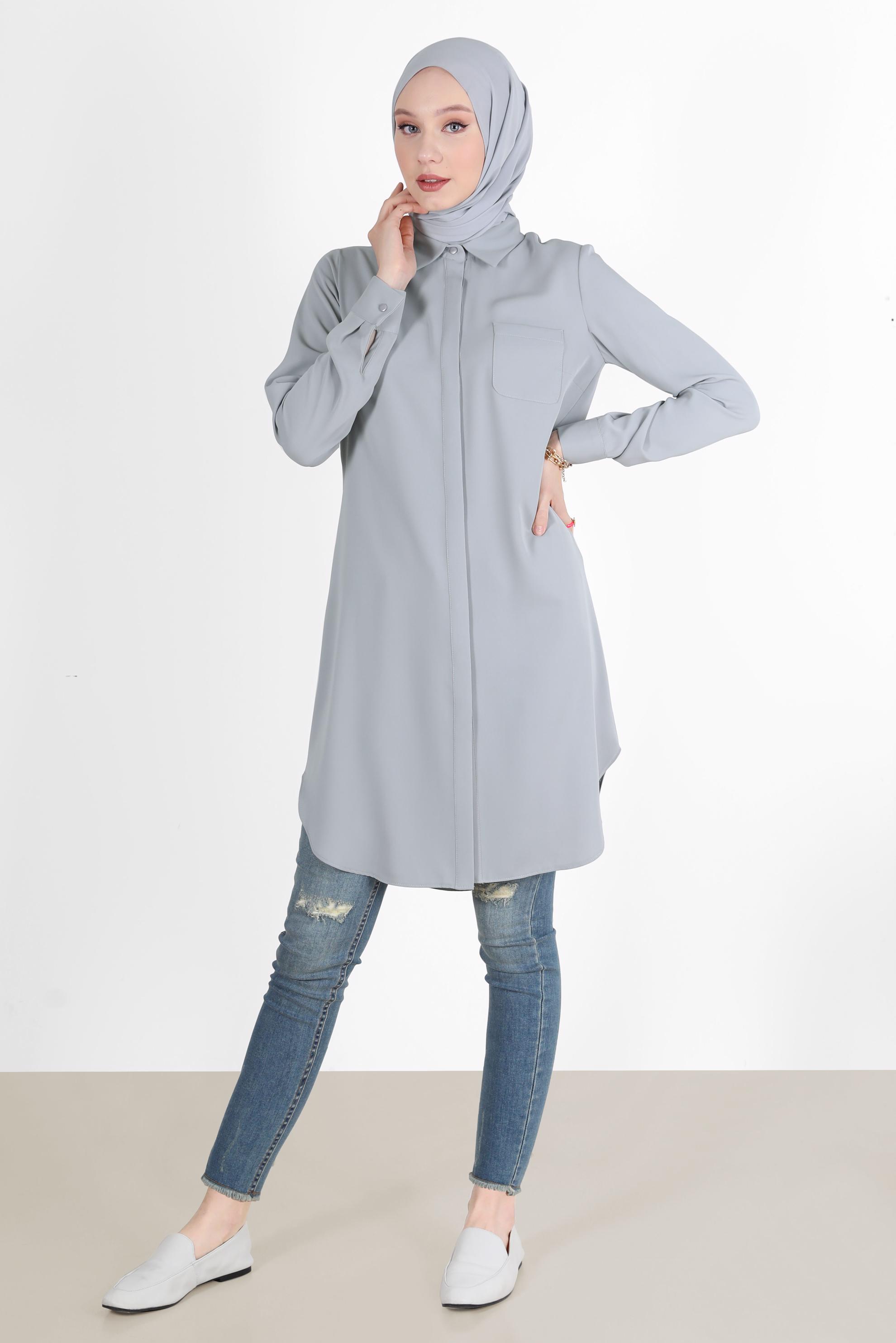 Tesettür giyim GRİ GİZLİ DÜĞMELİ CEPLİ TUNİK 42629 
