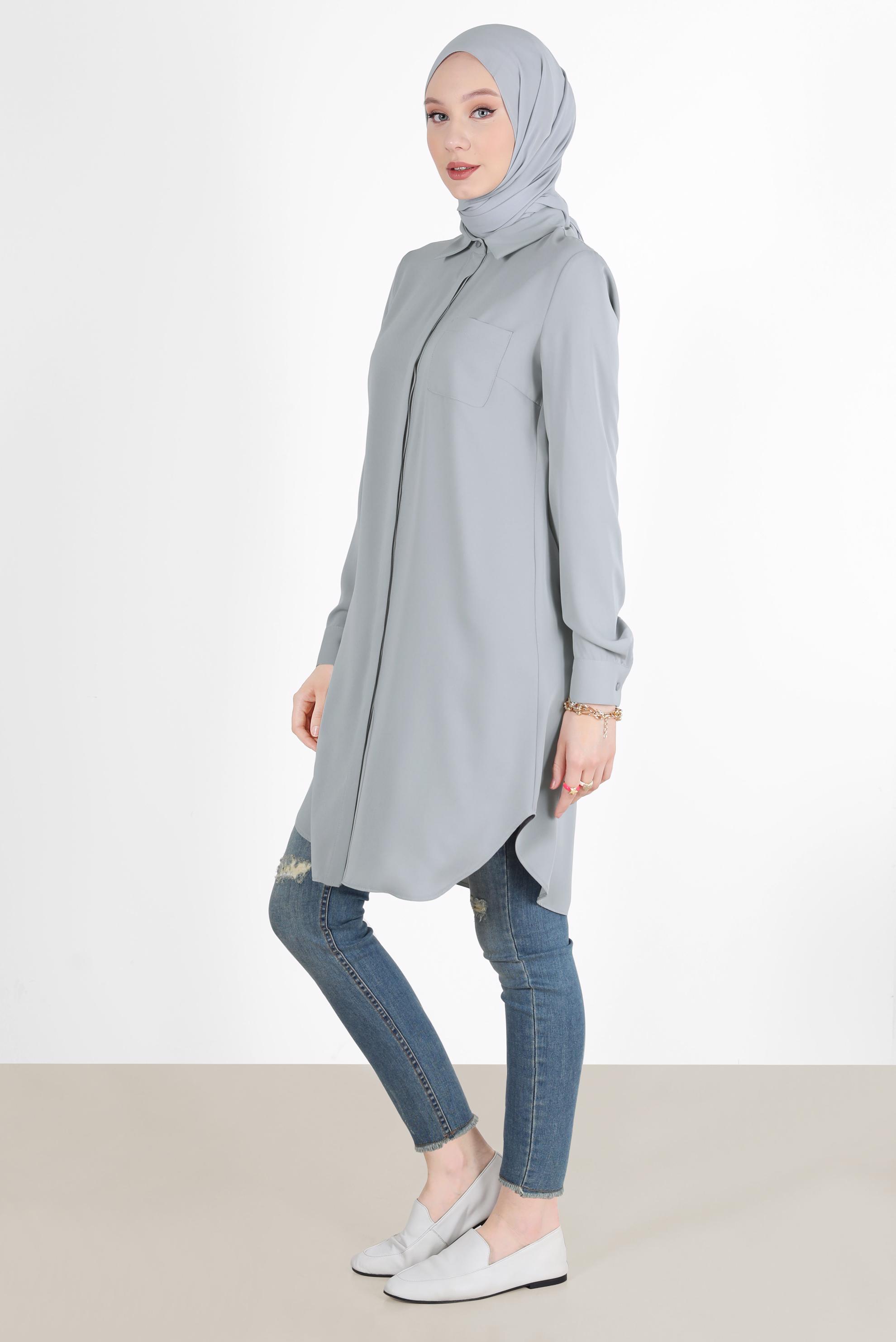 Tesettür giyim GRİ GİZLİ DÜĞMELİ CEPLİ TUNİK 42629 