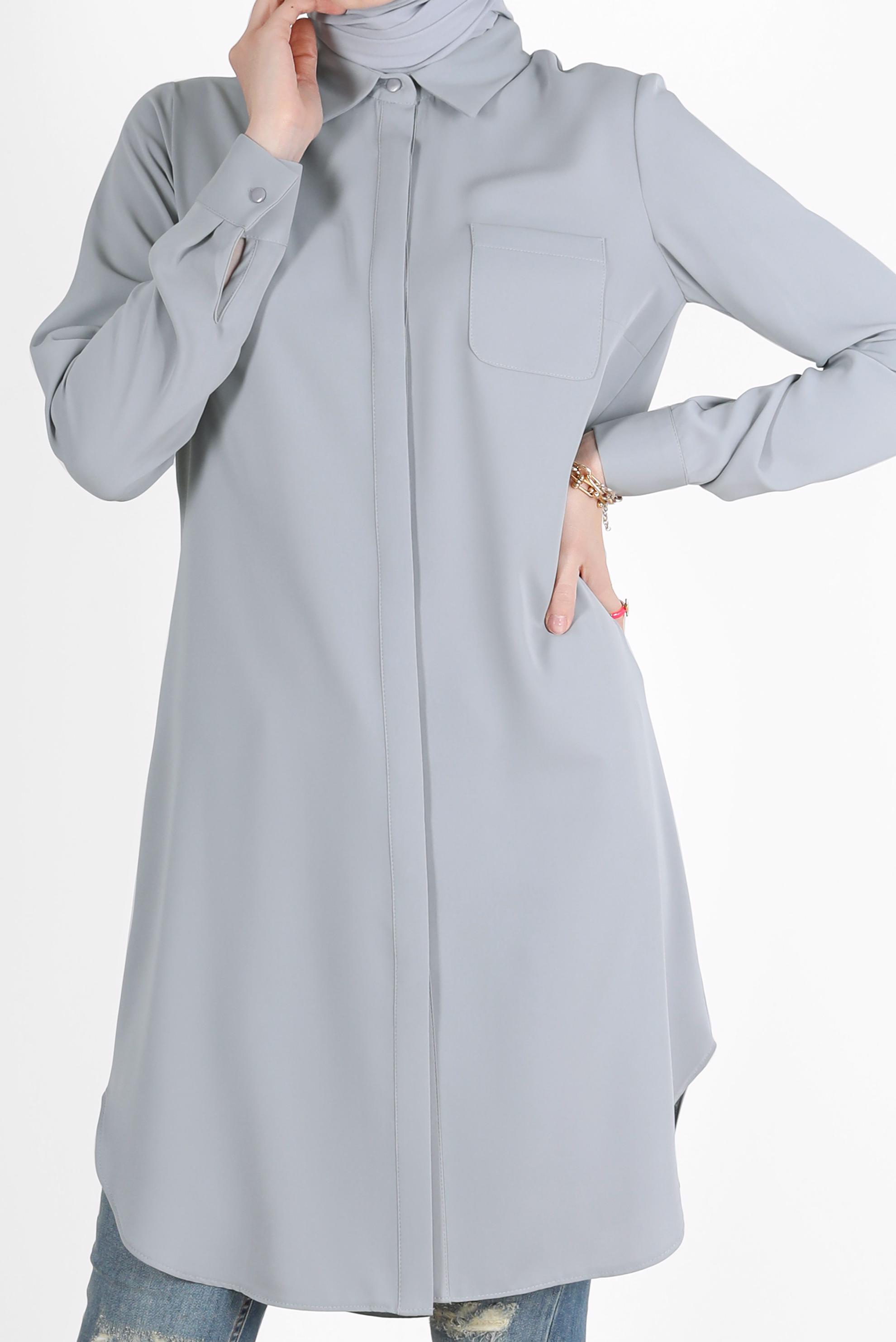 Tesettür giyim GRİ GİZLİ DÜĞMELİ CEPLİ TUNİK 42629 