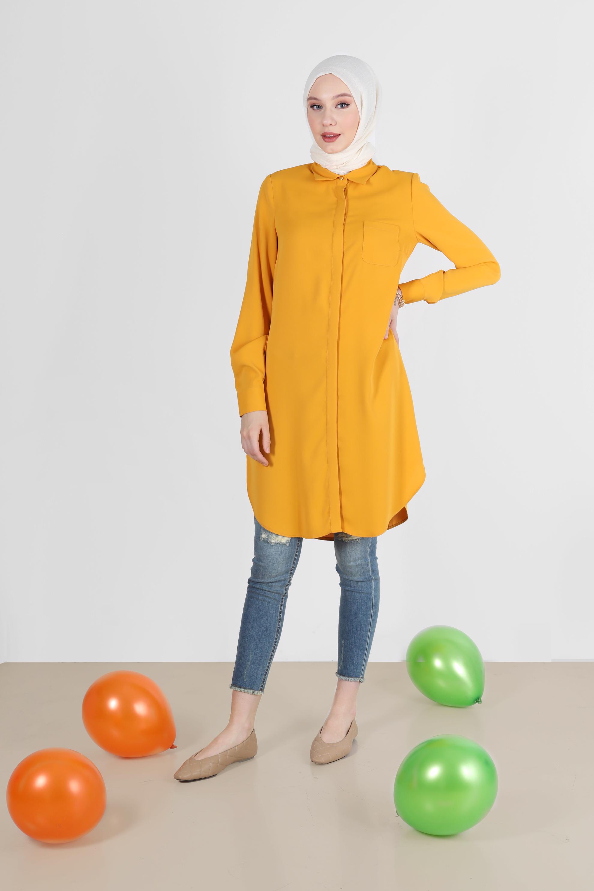Tesettür giyim SARI GİZLİ DÜĞMELİ CEPLİ TUNİK 42629 