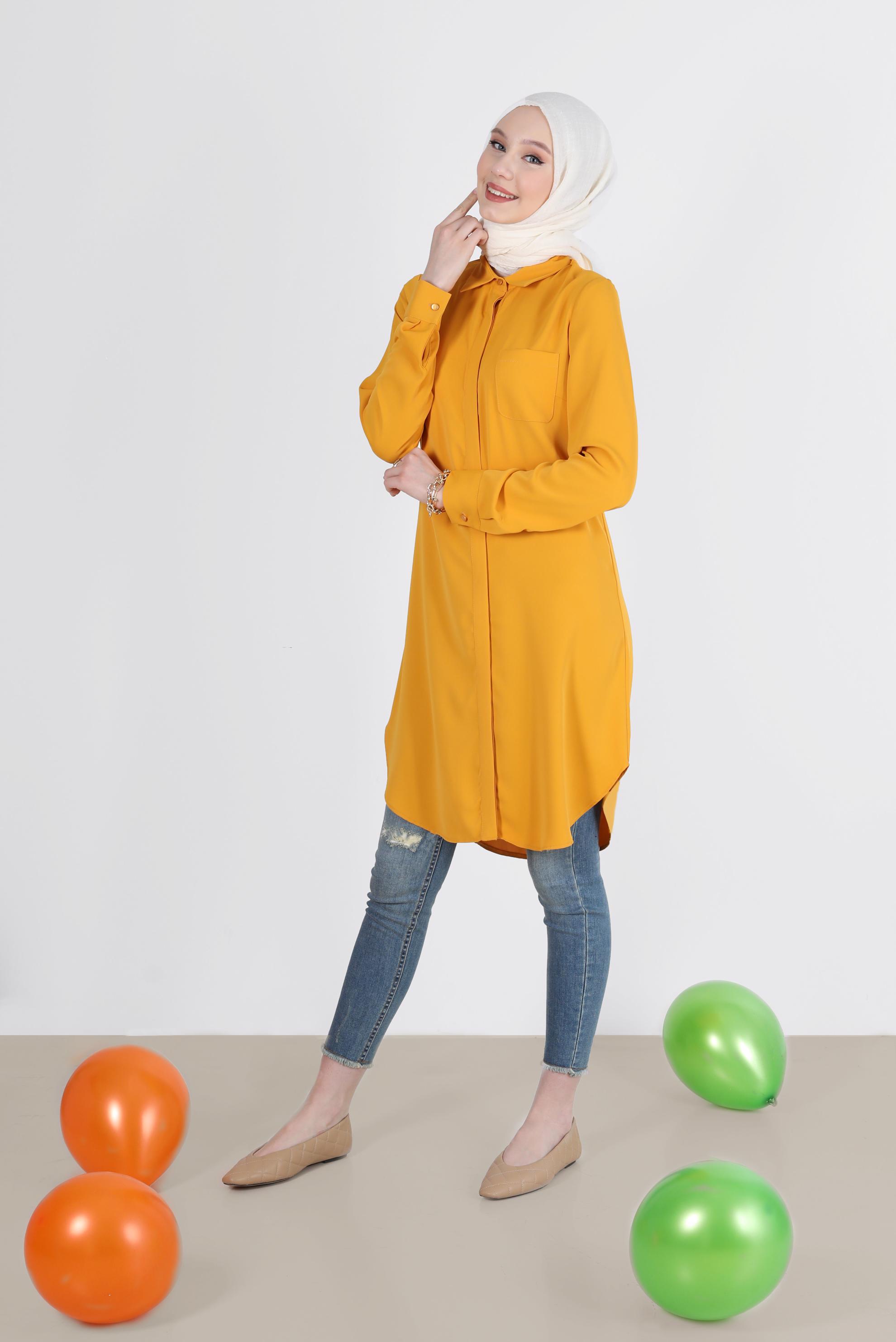 Tesettür giyim SARI GİZLİ DÜĞMELİ CEPLİ TUNİK 42629 