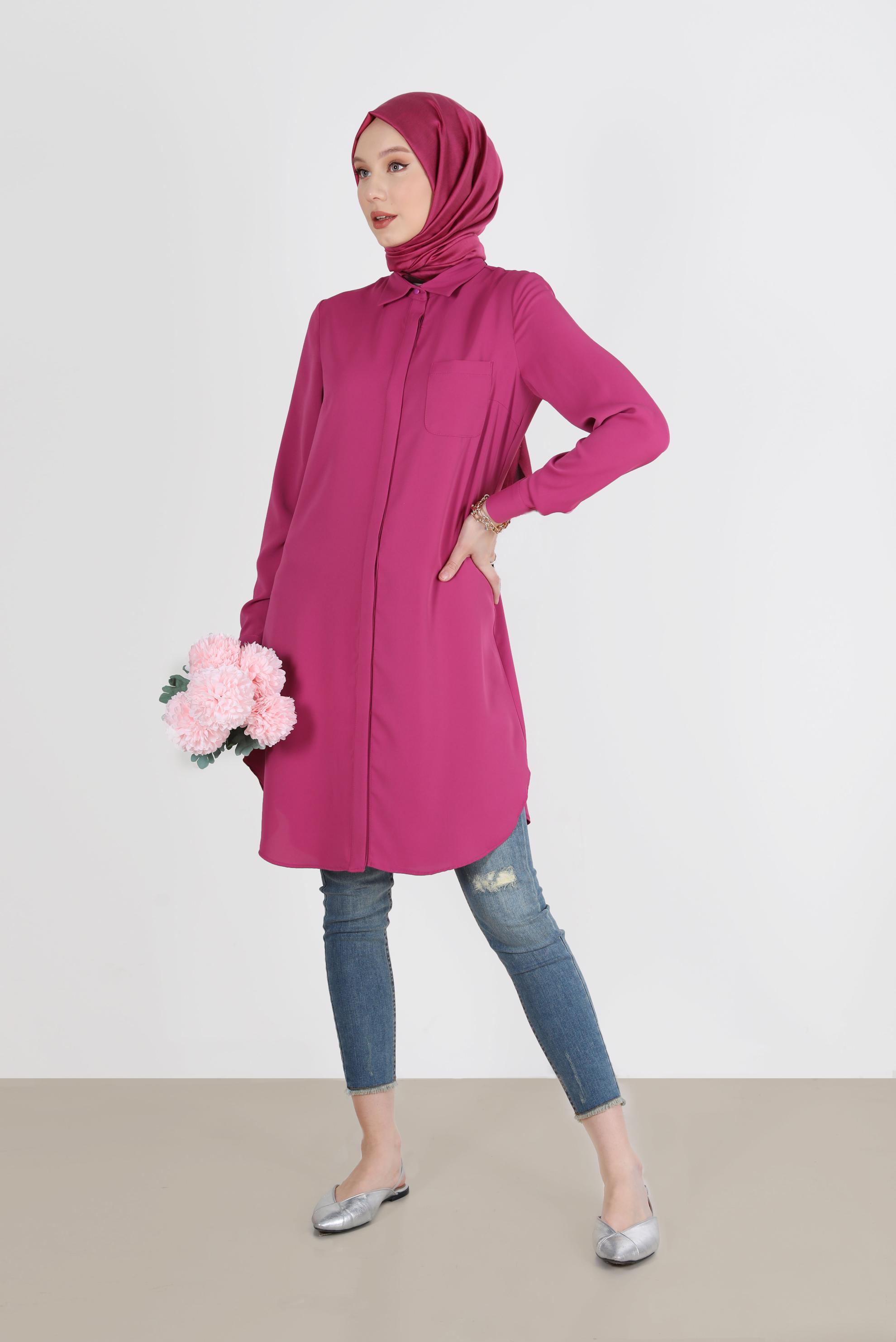 Tesettür giyim FUŞYA GİZLİ DÜĞMELİ CEPLİ TUNİK 42629 