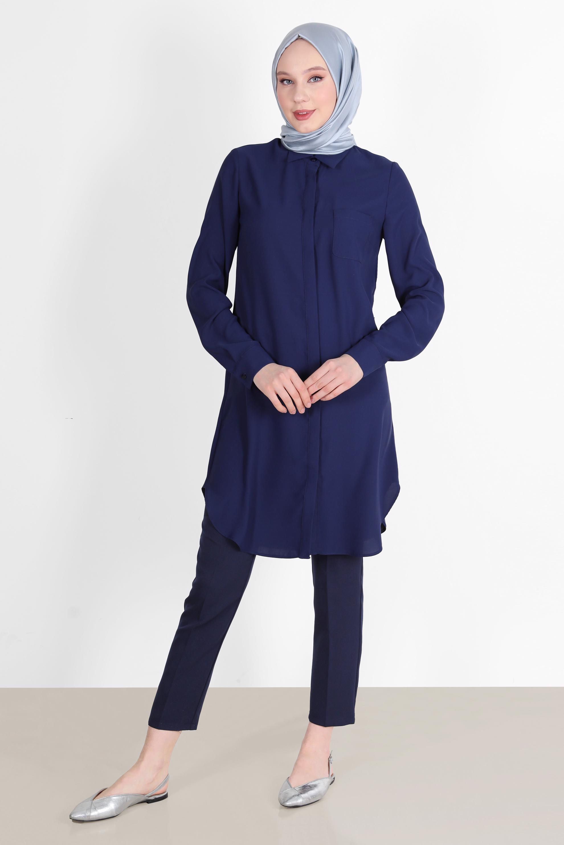 Tesettür giyim LACİVERT GİZLİ DÜĞMELİ CEPLİ TUNİK 42629 