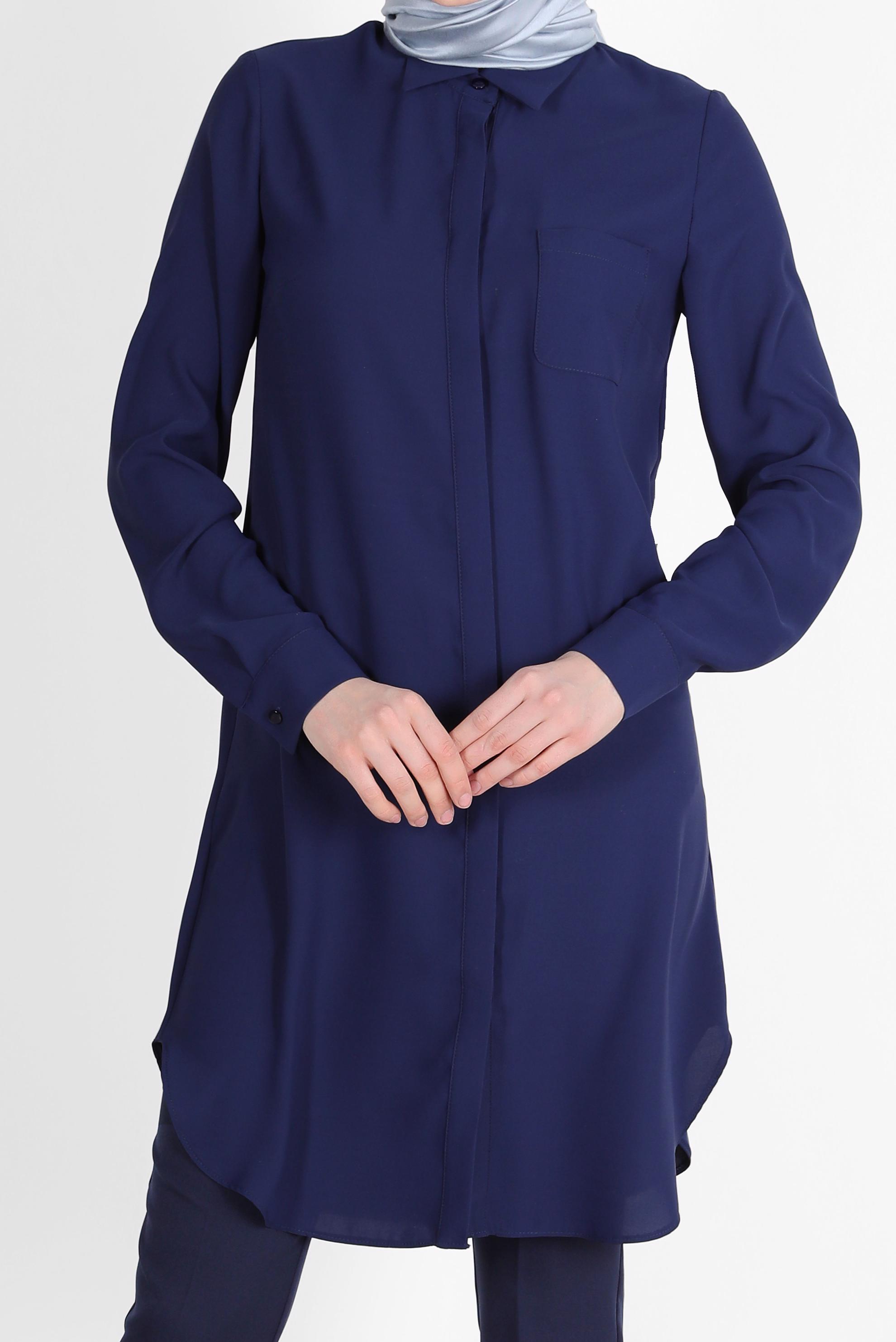 Tesettür giyim LACİVERT GİZLİ DÜĞMELİ CEPLİ TUNİK 42629 