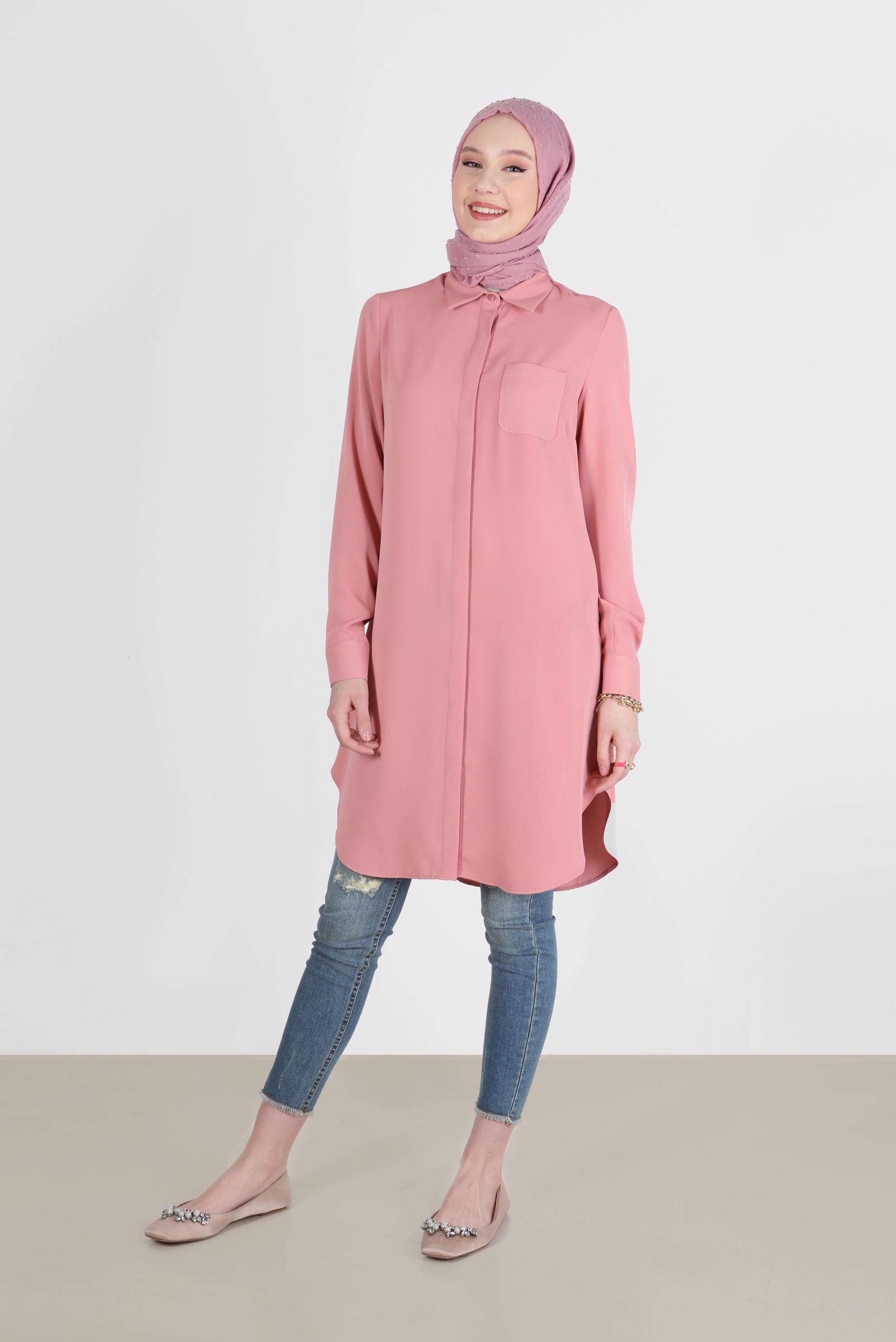Tesettür giyim PUDRA GİZLİ DÜĞMELİ CEPLİ TUNİK 42629 