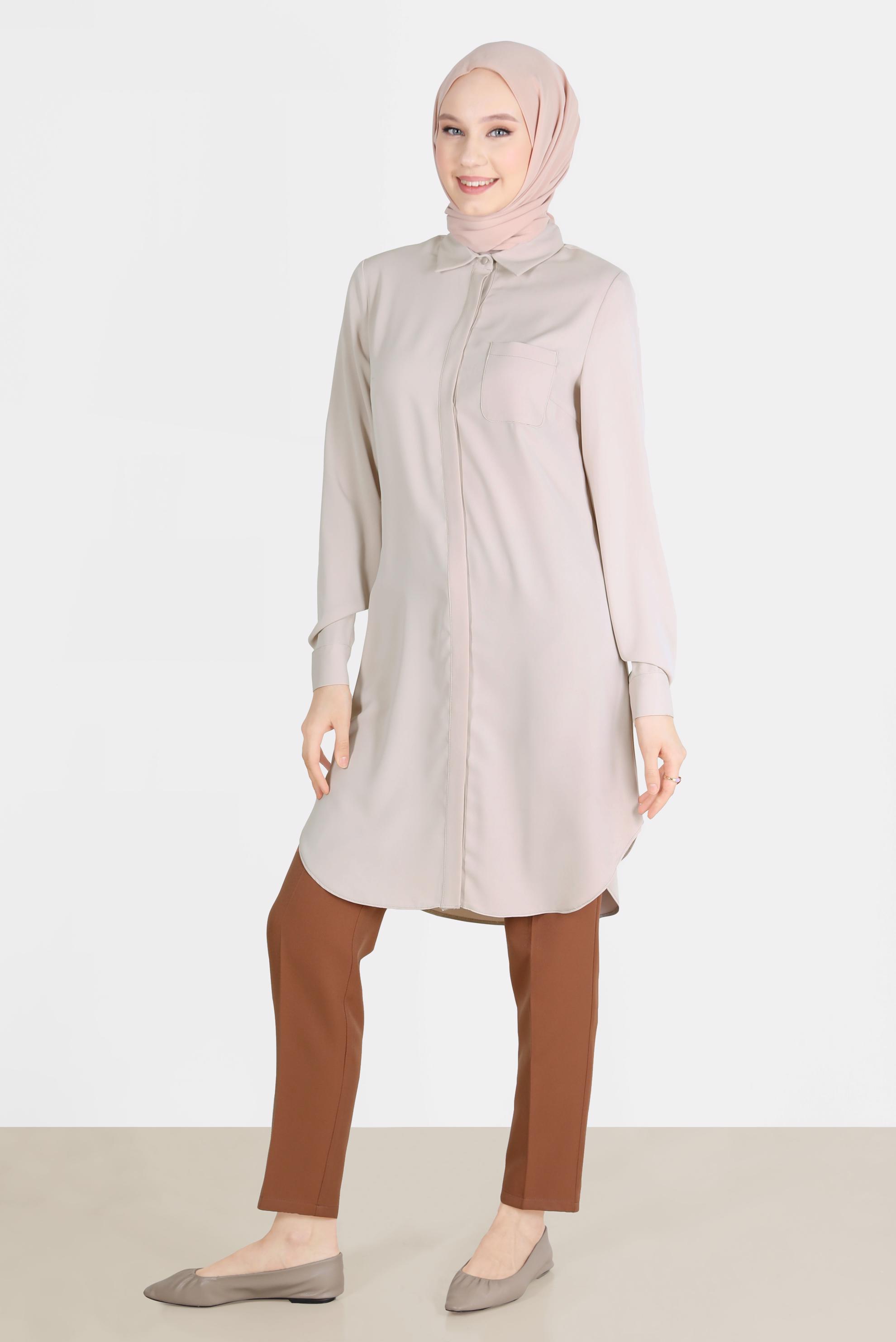 Tesettür giyim BEJ GİZLİ DÜĞMELİ CEPLİ TUNİK 42629 