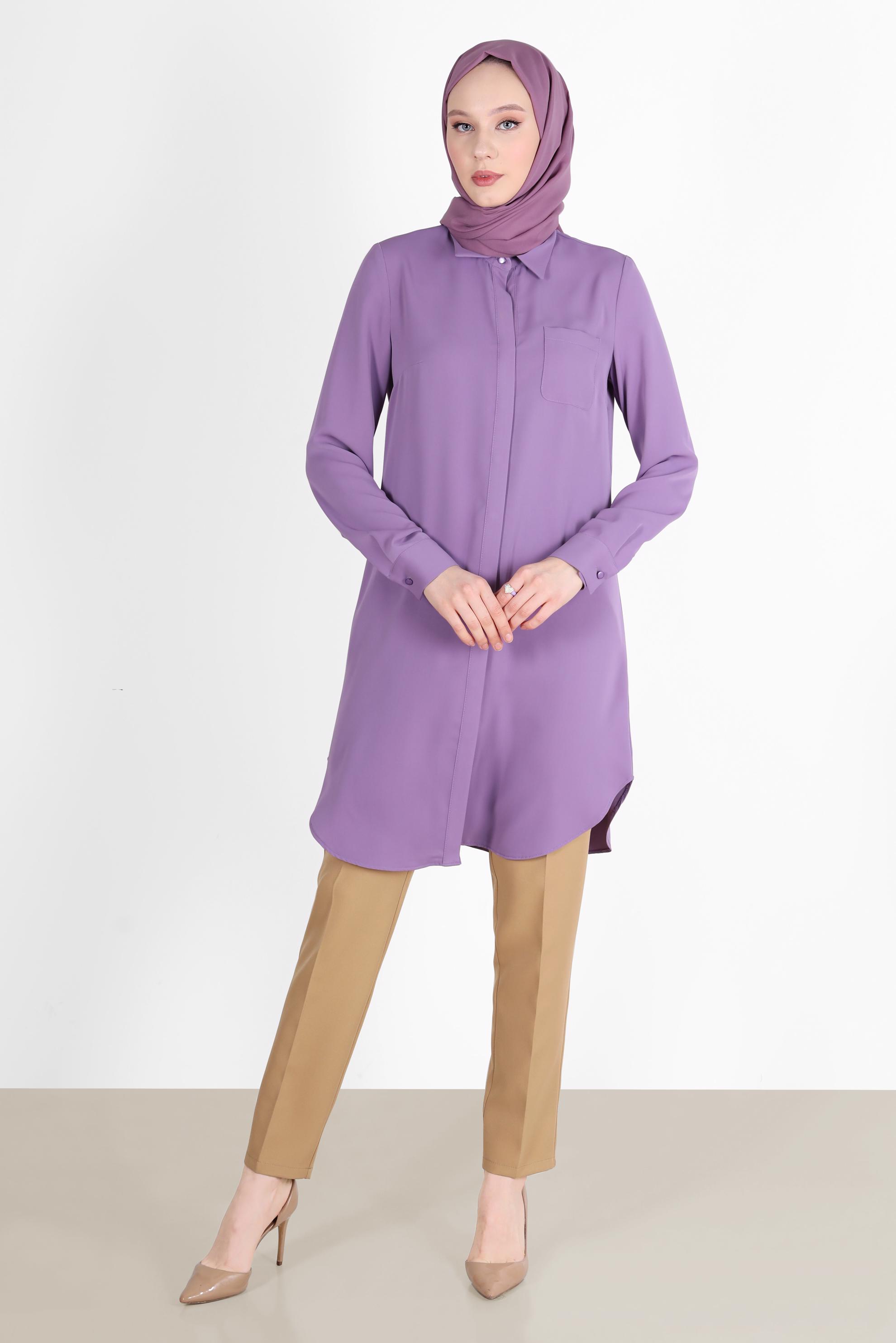 Tesettür giyim MOR GİZLİ DÜĞMELİ CEPLİ TUNİK 42629 