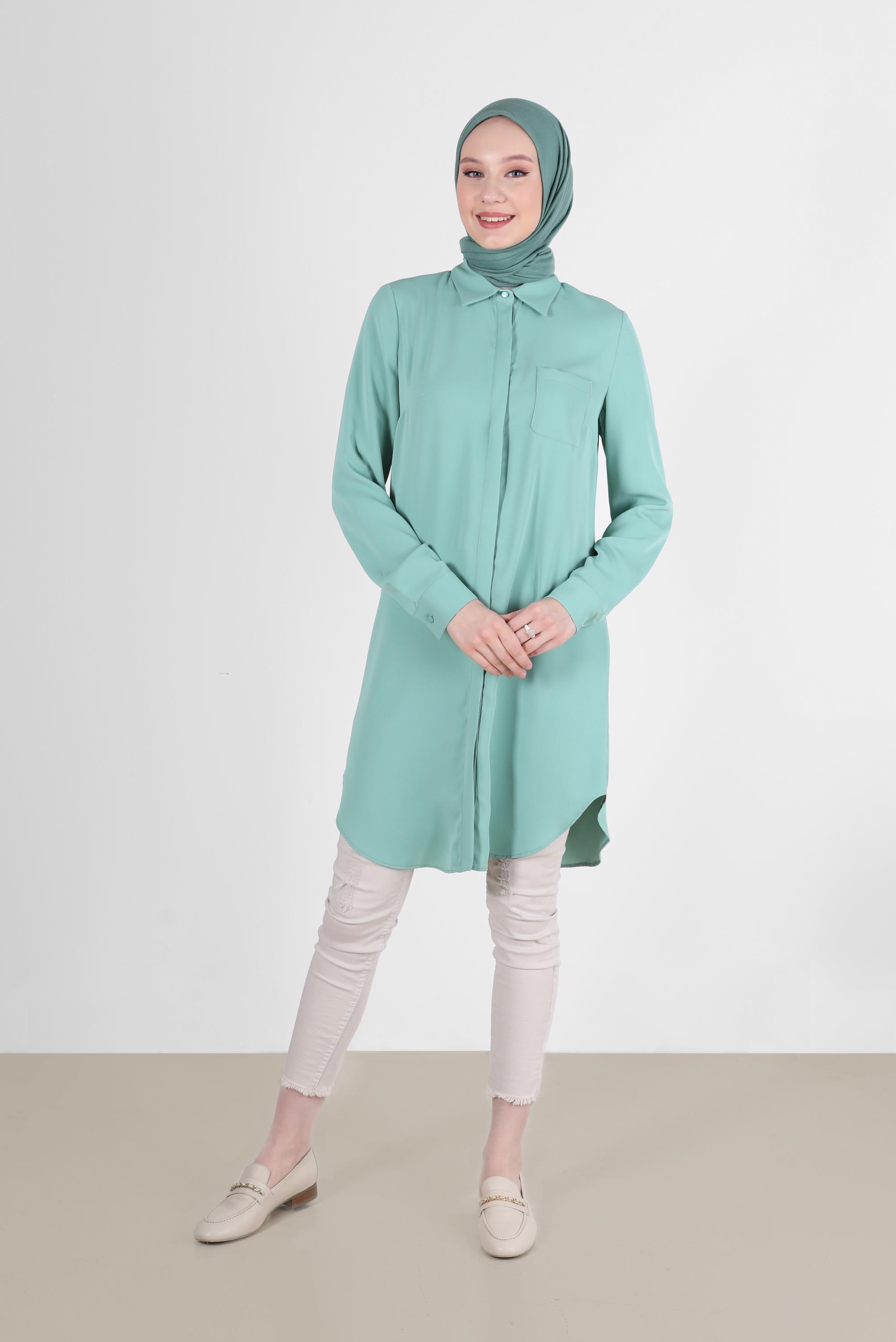 Tesettür giyim YEŞİL GİZLİ DÜĞMELİ CEPLİ TUNİK 42629 