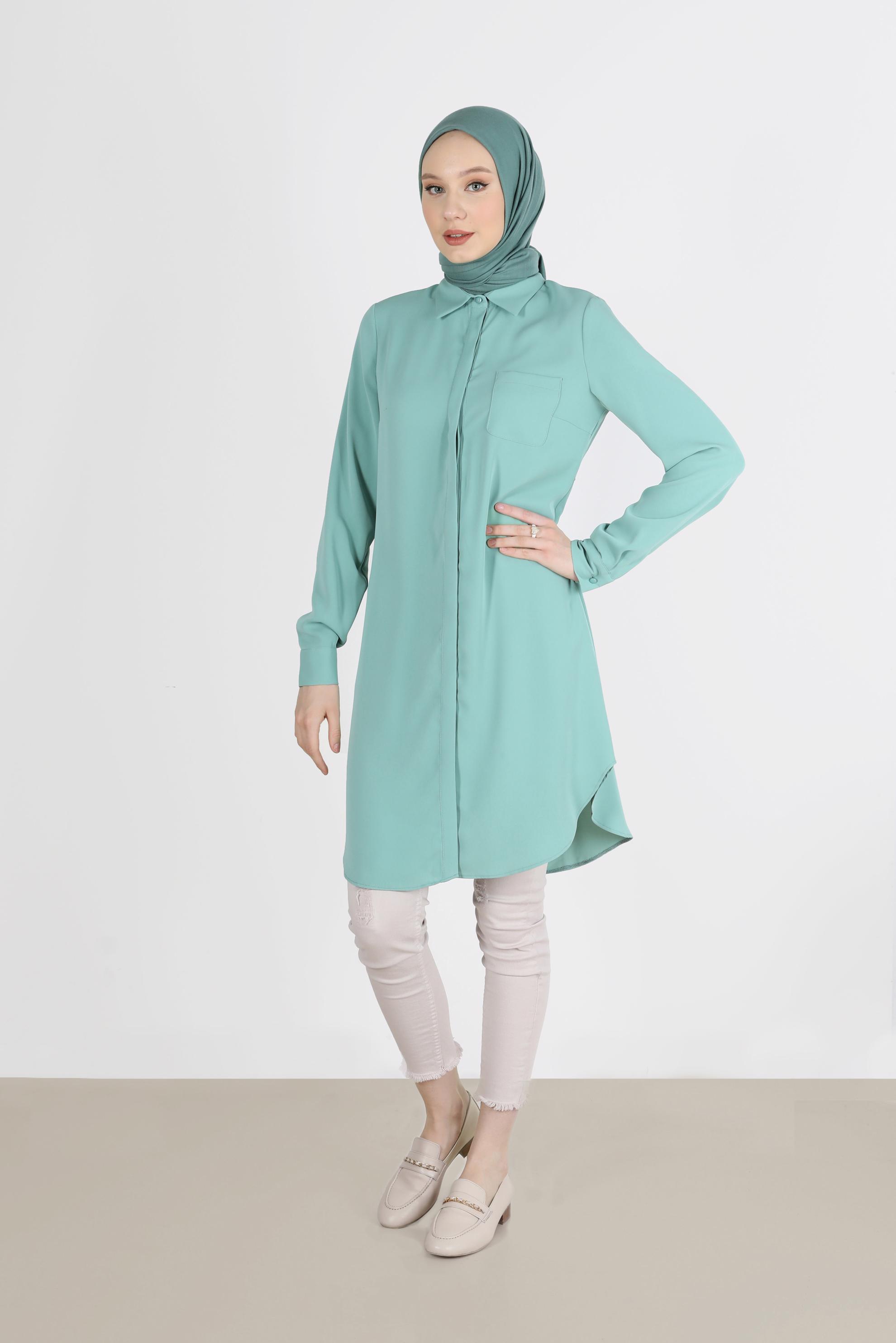 Tesettür giyim YEŞİL GİZLİ DÜĞMELİ CEPLİ TUNİK 42629 