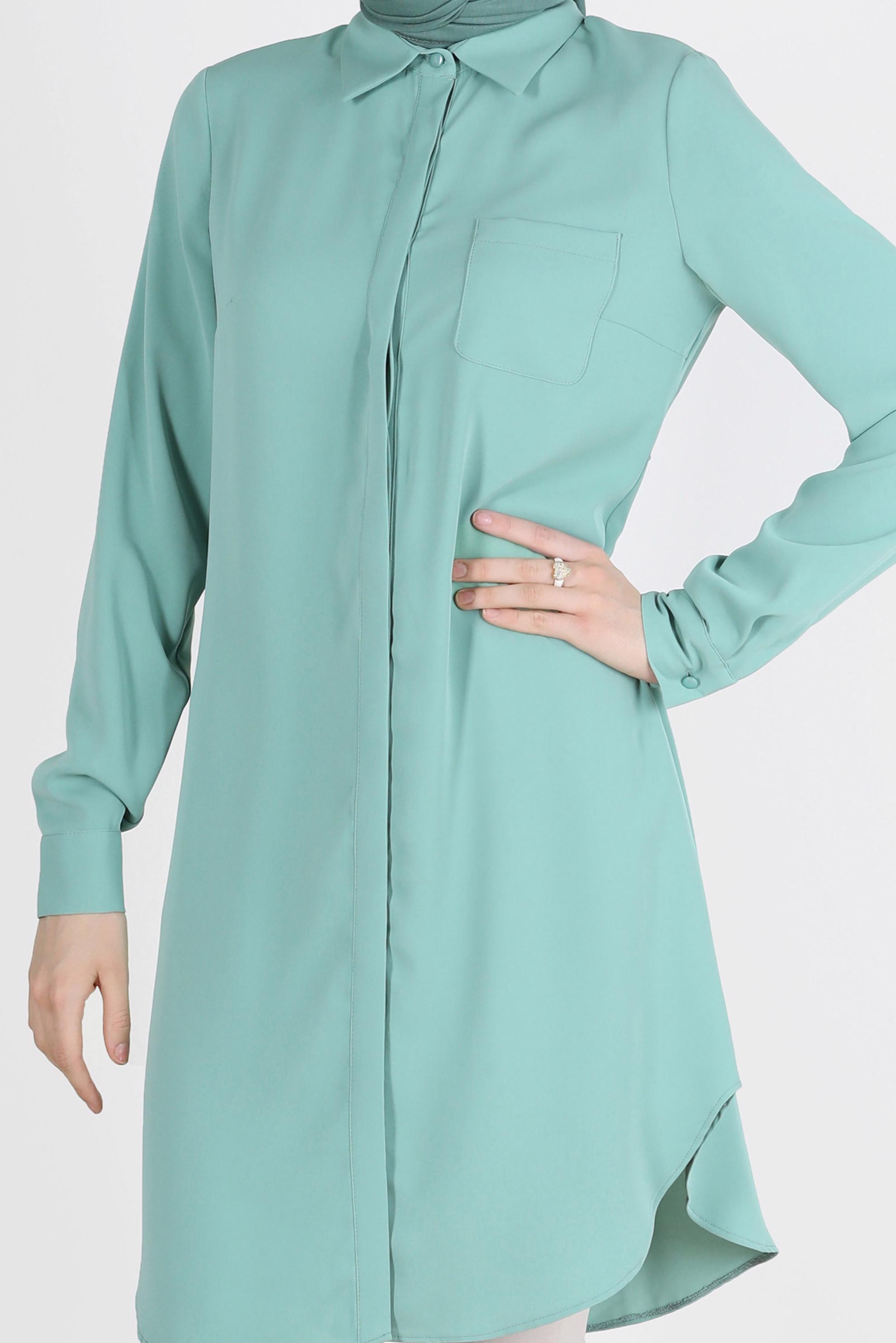 Tesettür giyim YEŞİL GİZLİ DÜĞMELİ CEPLİ TUNİK 42629 