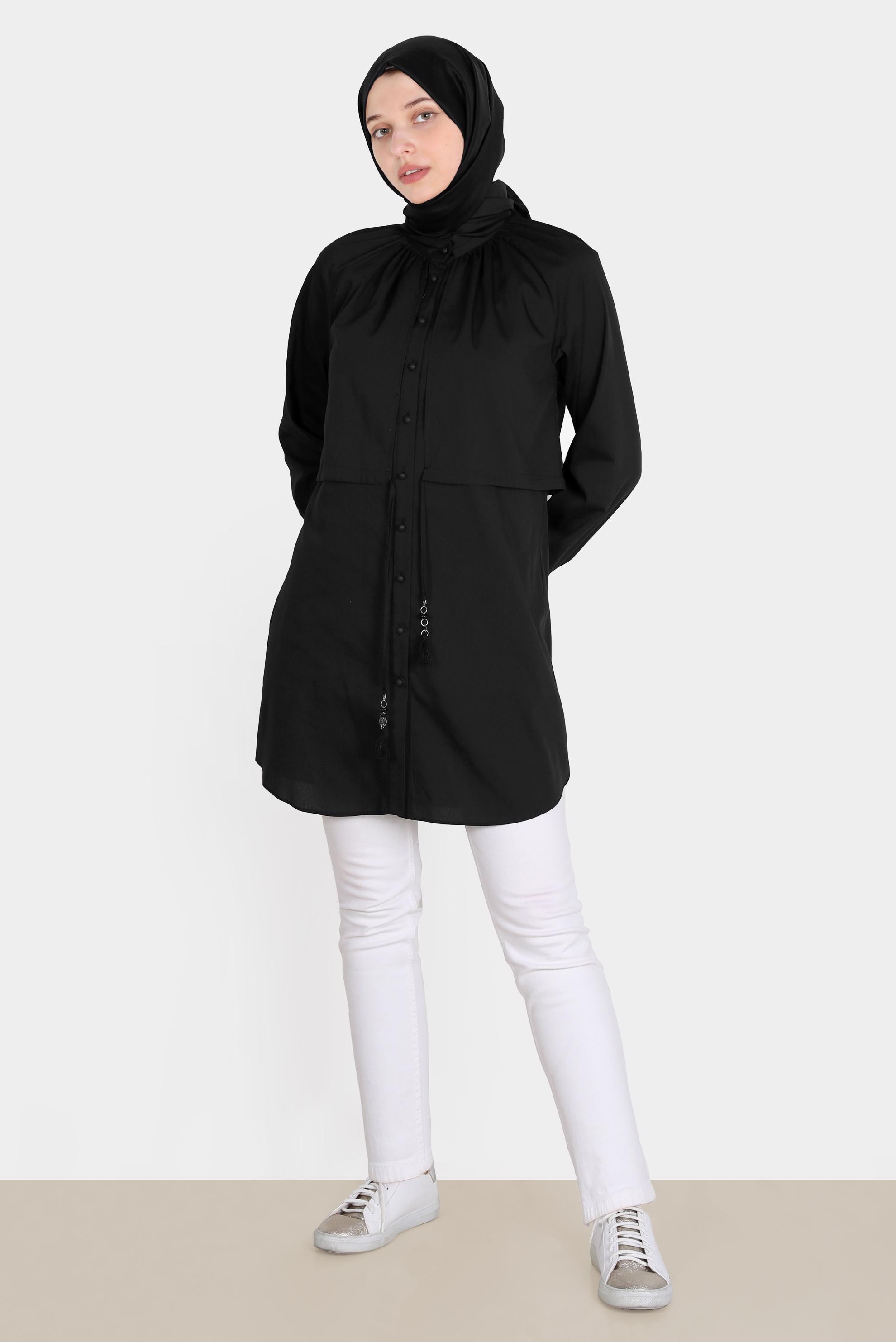 Tesettür giyim SİYAH BELİ BÜZGÜLÜ DÜĞMELİ PAMUKLU TUNİK 42636 