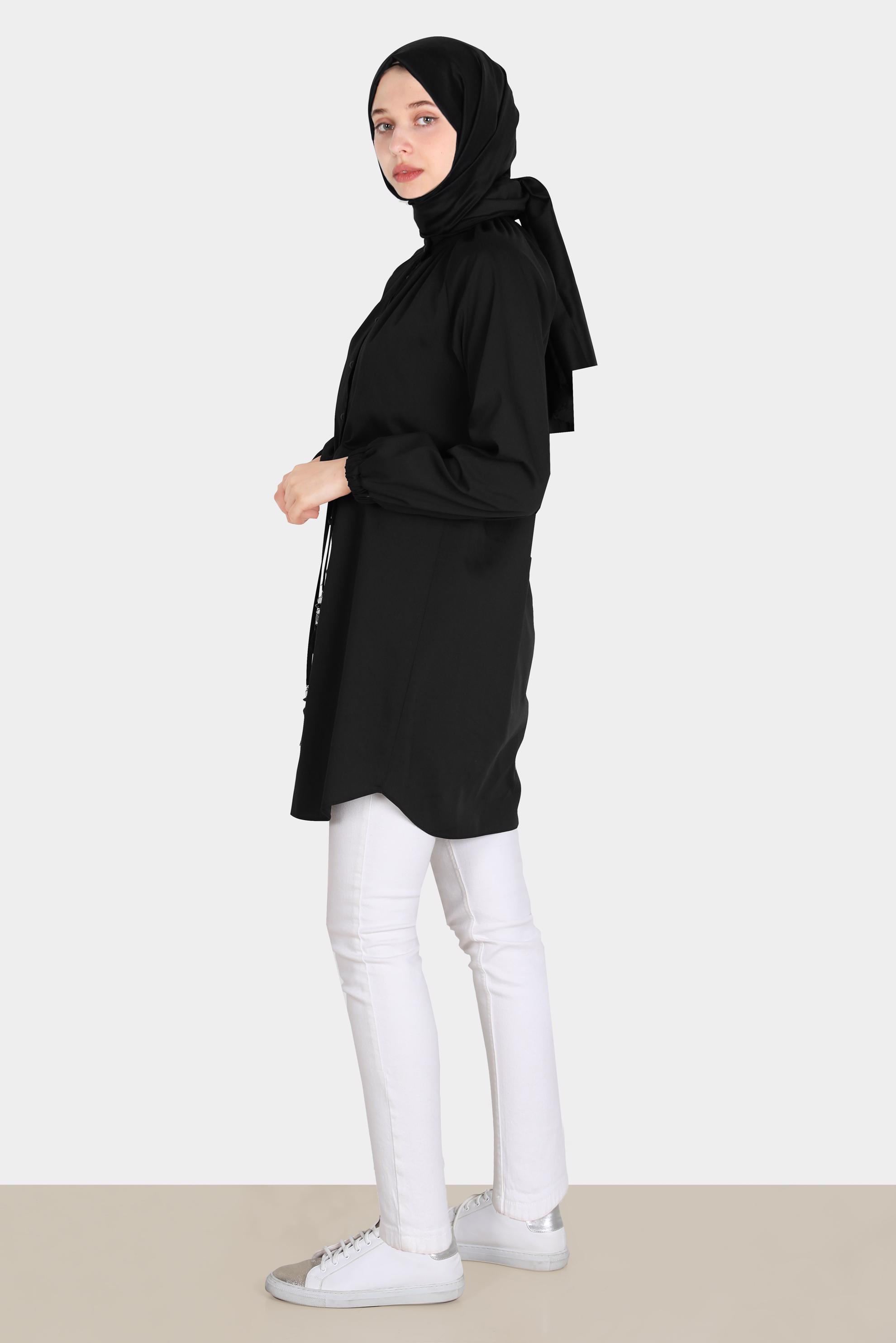 Tesettür giyim SİYAH BELİ BÜZGÜLÜ DÜĞMELİ PAMUKLU TUNİK 42636 