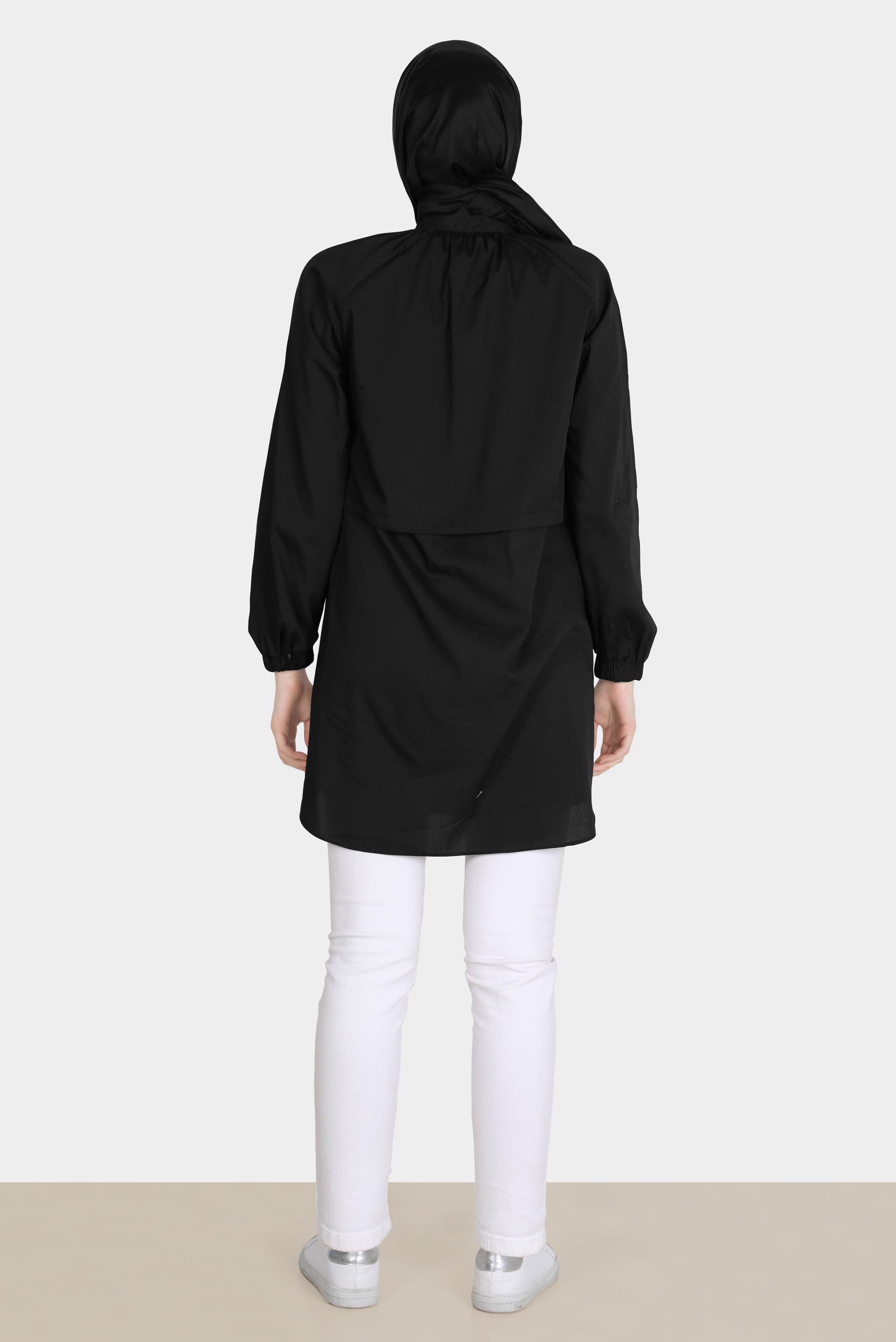 Tesettür giyim SİYAH BELİ BÜZGÜLÜ DÜĞMELİ PAMUKLU TUNİK 42636 