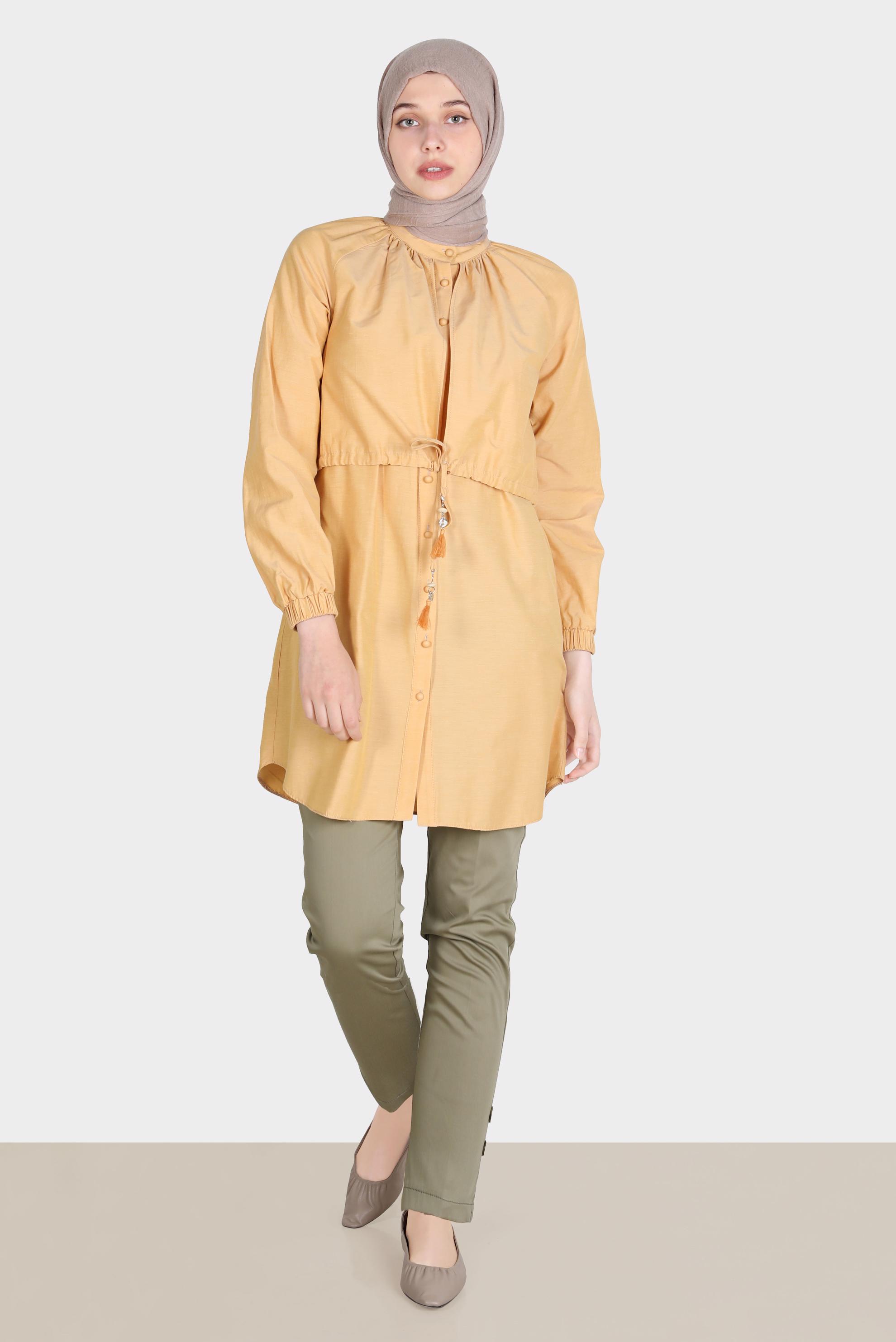 Tesettür giyim SARI BELİ BÜZGÜLÜ DÜĞMELİ PAMUKLU TUNİK 42636 