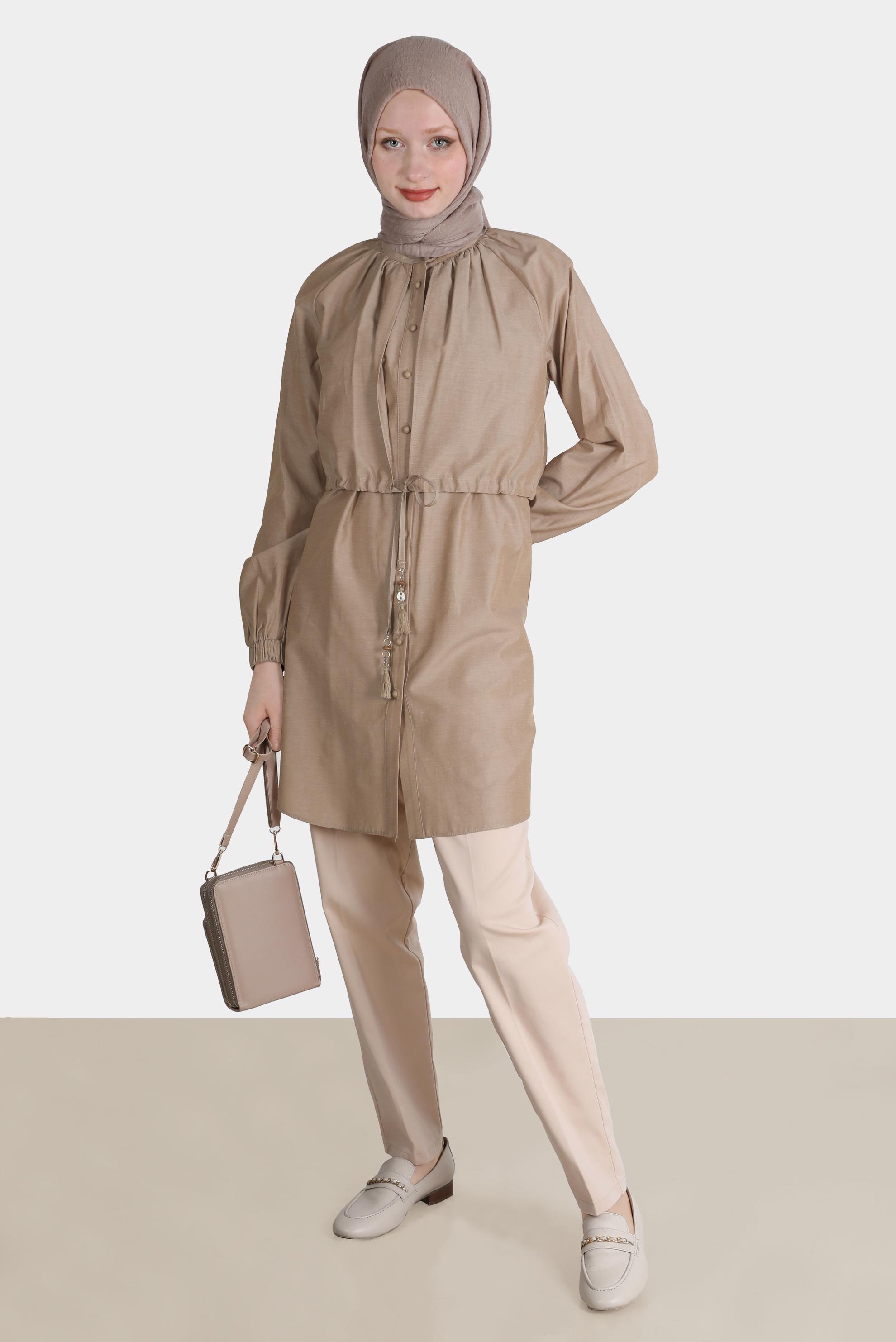 Tesettür giyim BAKIR / BRONZ BELİ BÜZGÜLÜ DÜĞMELİ PAMUKLU TUNİK 42636 