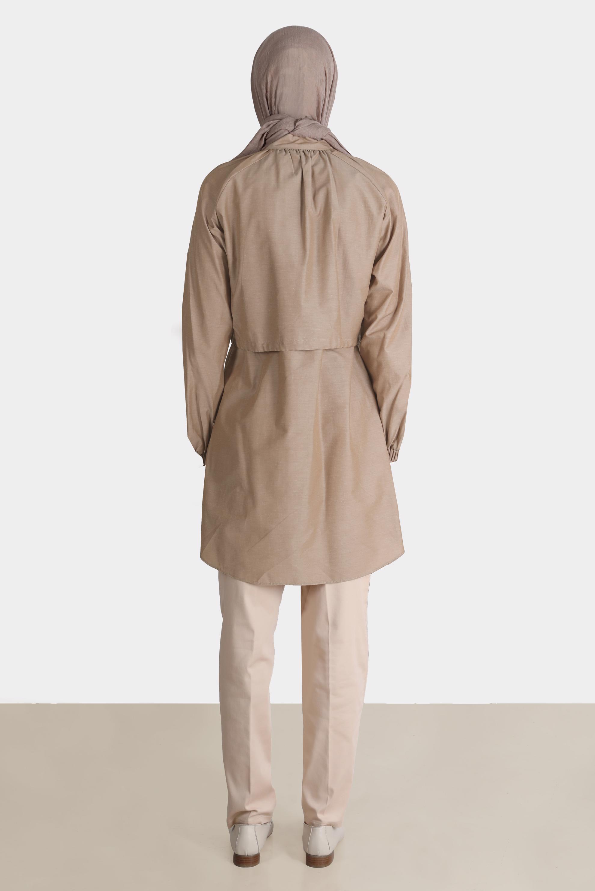 Tesettür giyim BAKIR / BRONZ BELİ BÜZGÜLÜ DÜĞMELİ PAMUKLU TUNİK 42636 