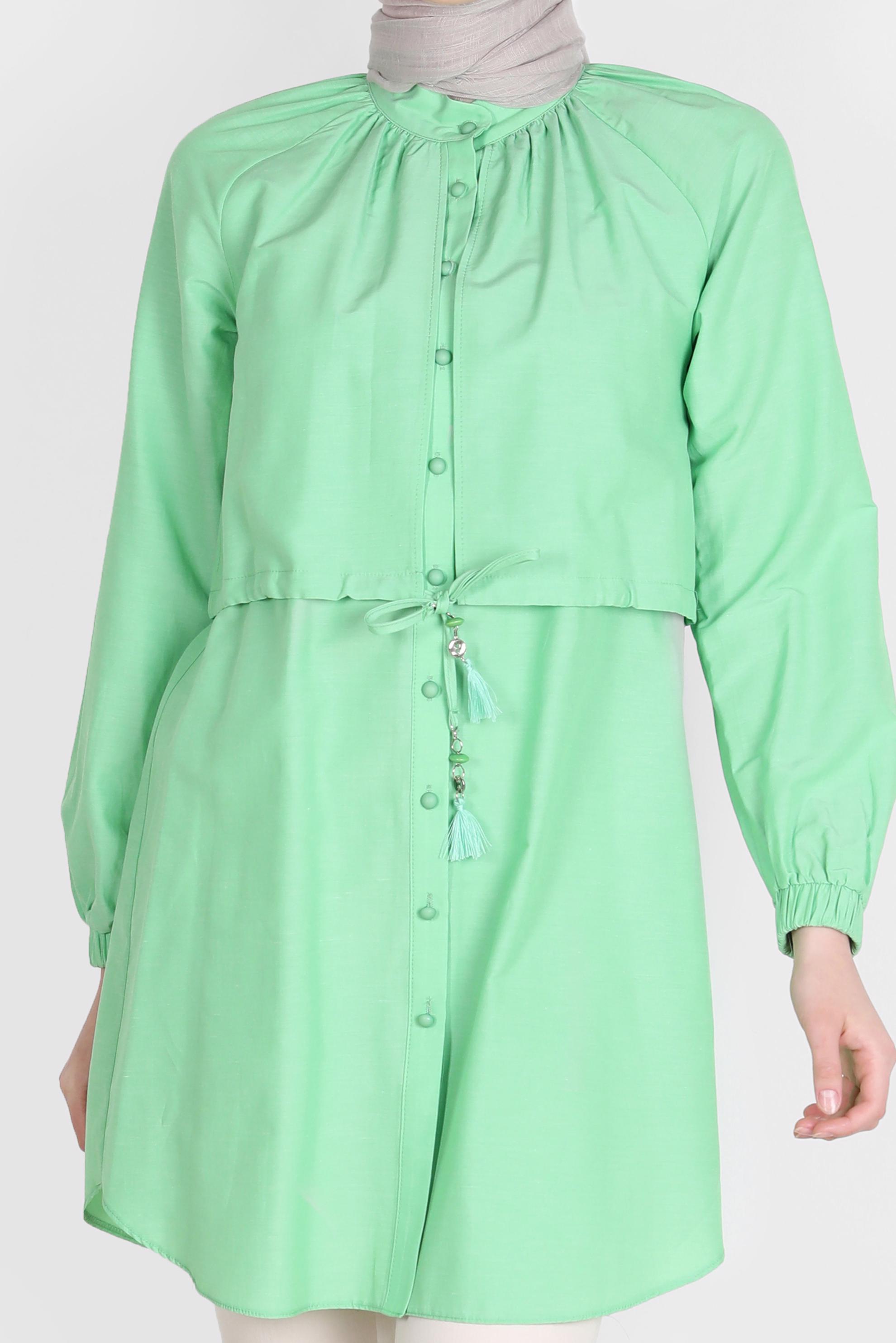 Tesettür giyim YEŞİL BELİ BÜZGÜLÜ DÜĞMELİ PAMUKLU TUNİK 42636 